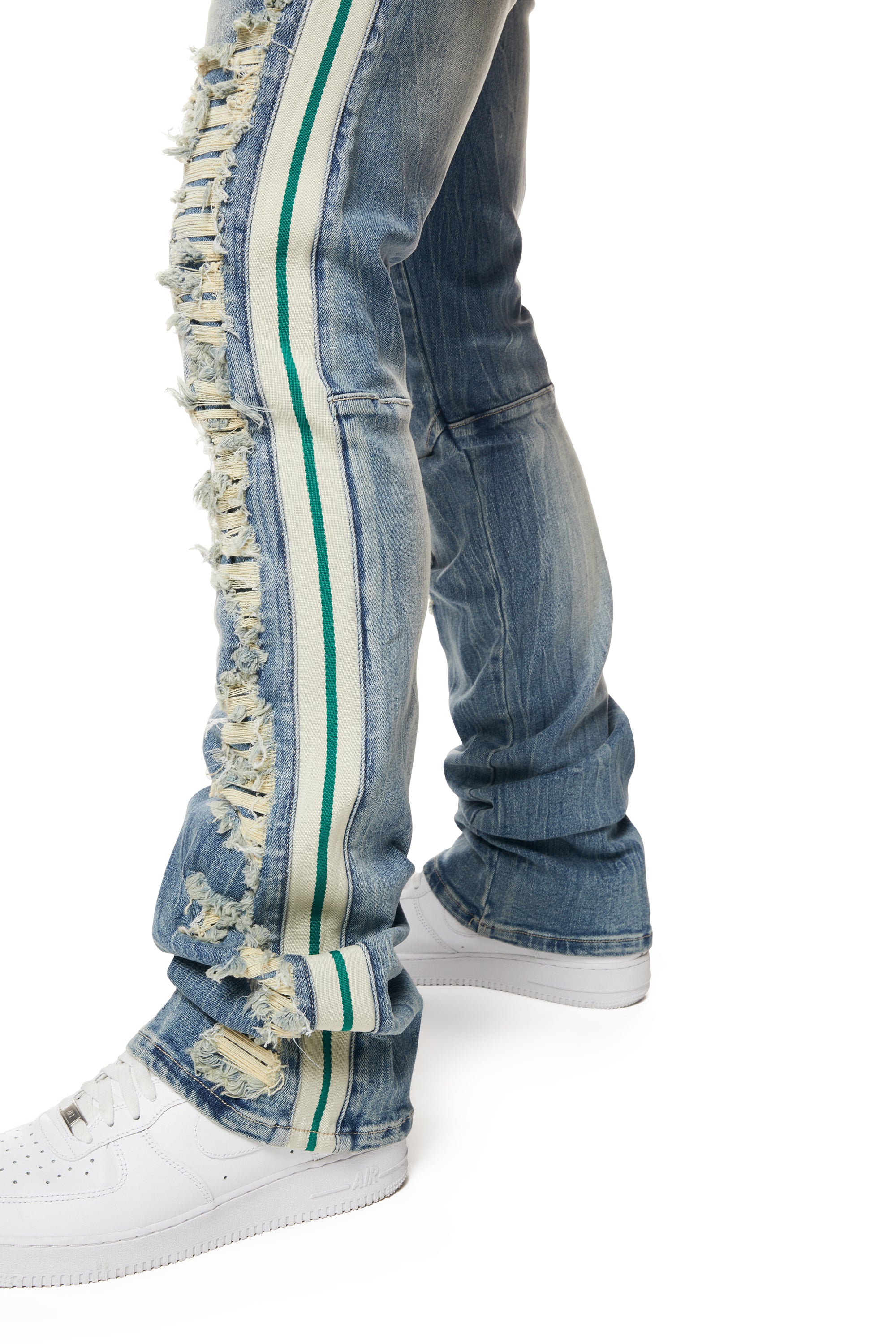 MENS SMOKE RISE LASER STRIPED STACKED DENIM JEAN (OSAKA BLUE)