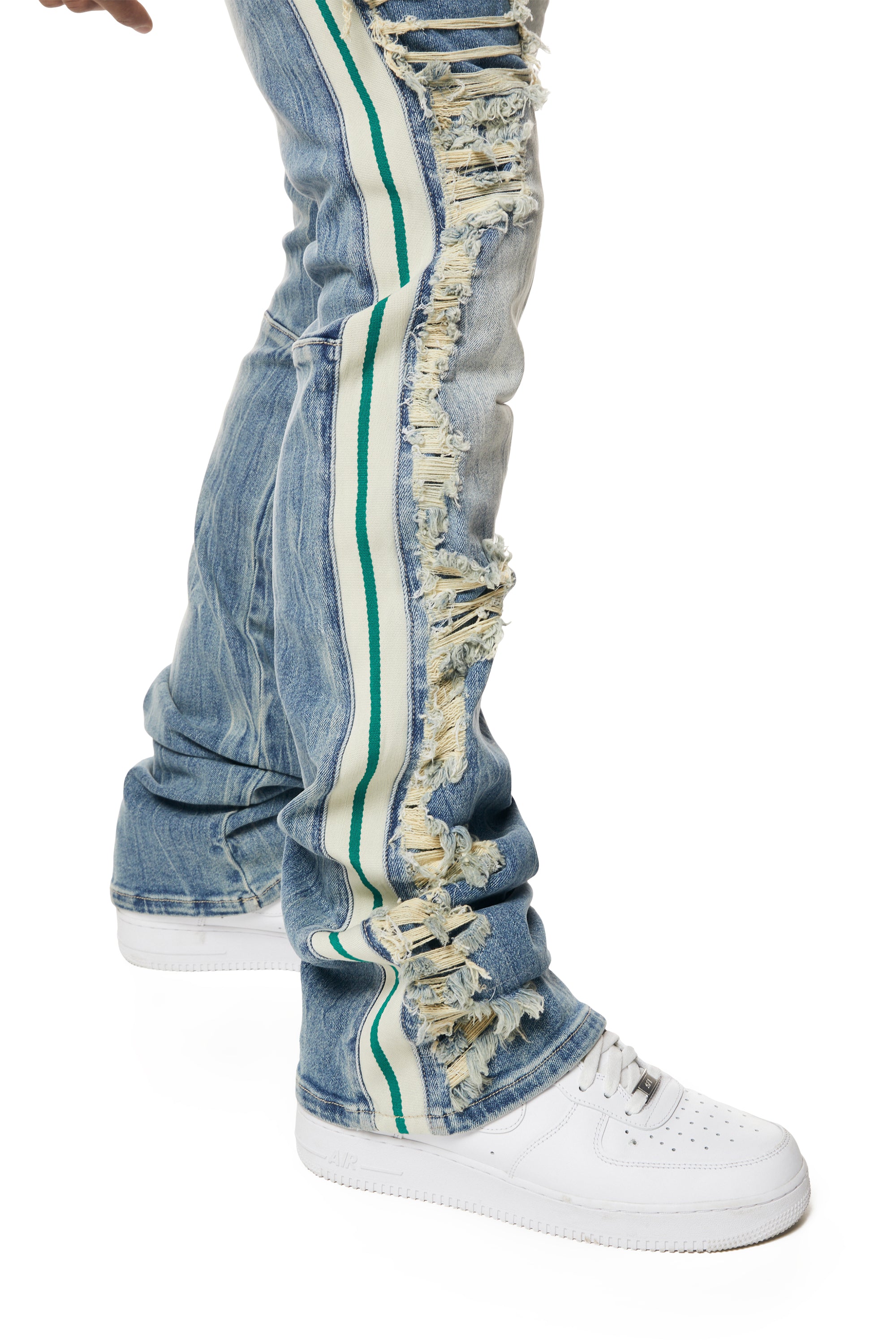 MENS SMOKE RISE LASER STRIPED STACKED DENIM JEAN (OSAKA BLUE)
