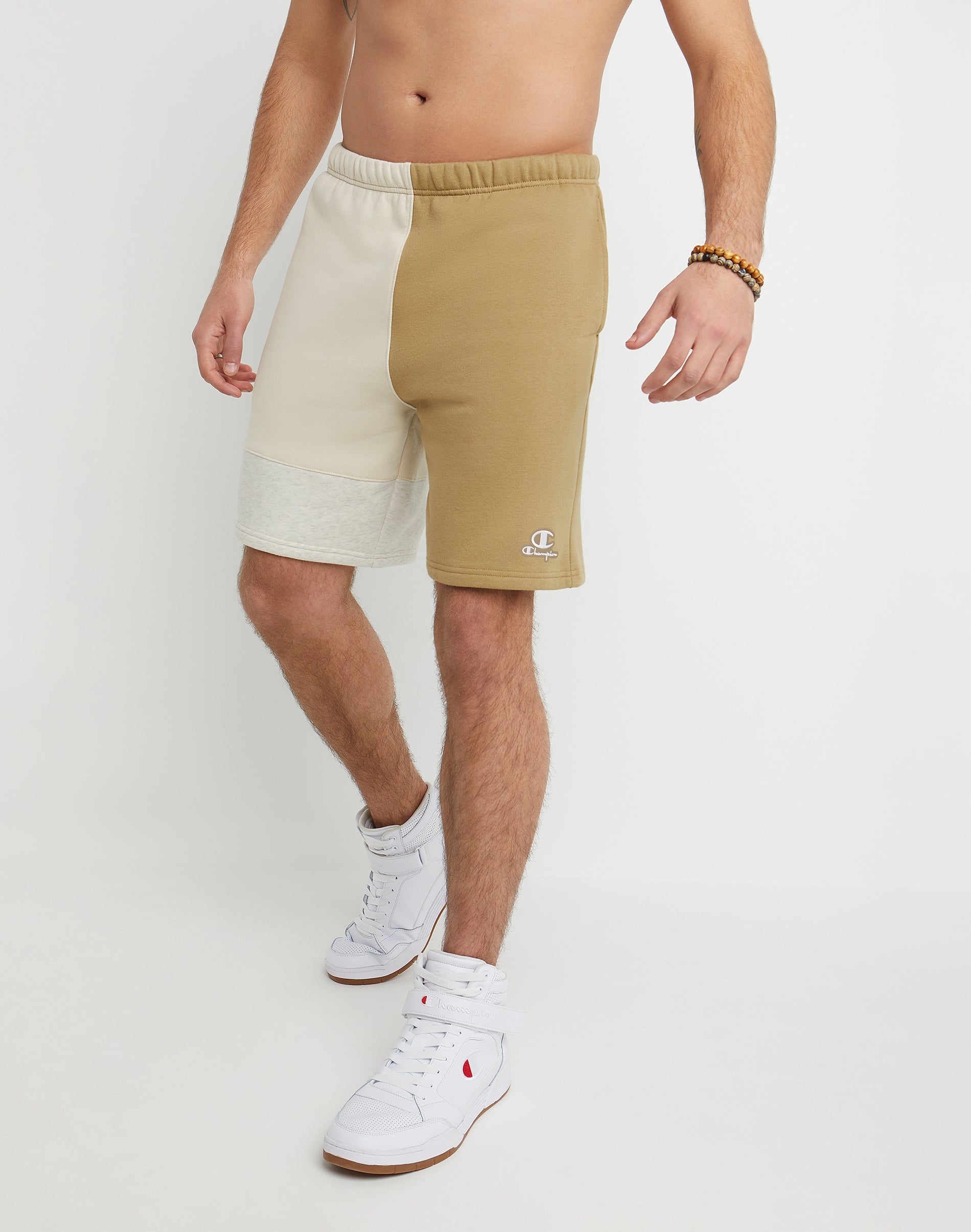 MEN'S CHAMPION 8" CLASSIC FLEECE BLOCKED SHORT (WHOLE WHEAT KHAKI/PEBBLESTONE)