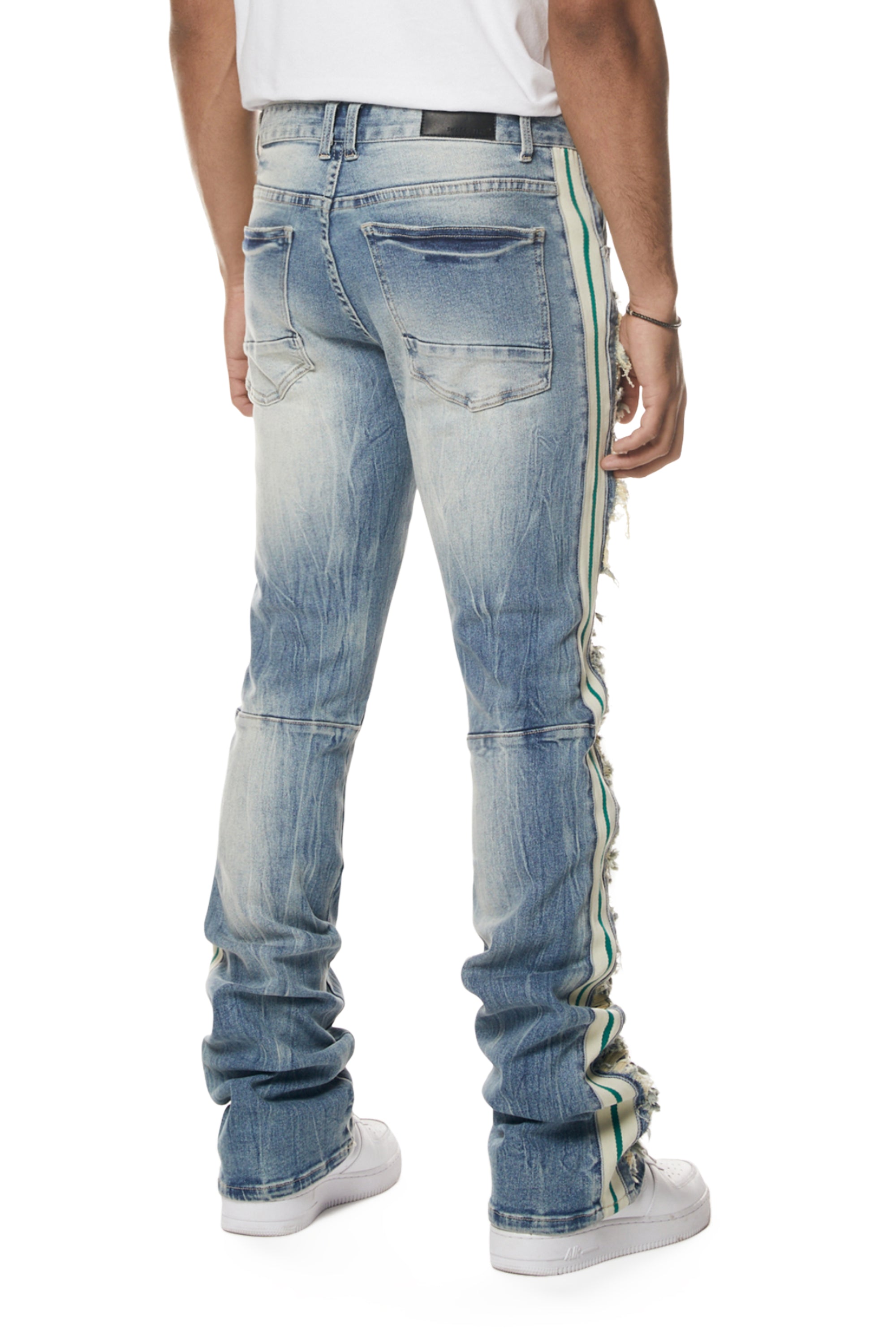 MENS SMOKE RISE LASER STRIPED STACKED DENIM JEAN (OSAKA BLUE)