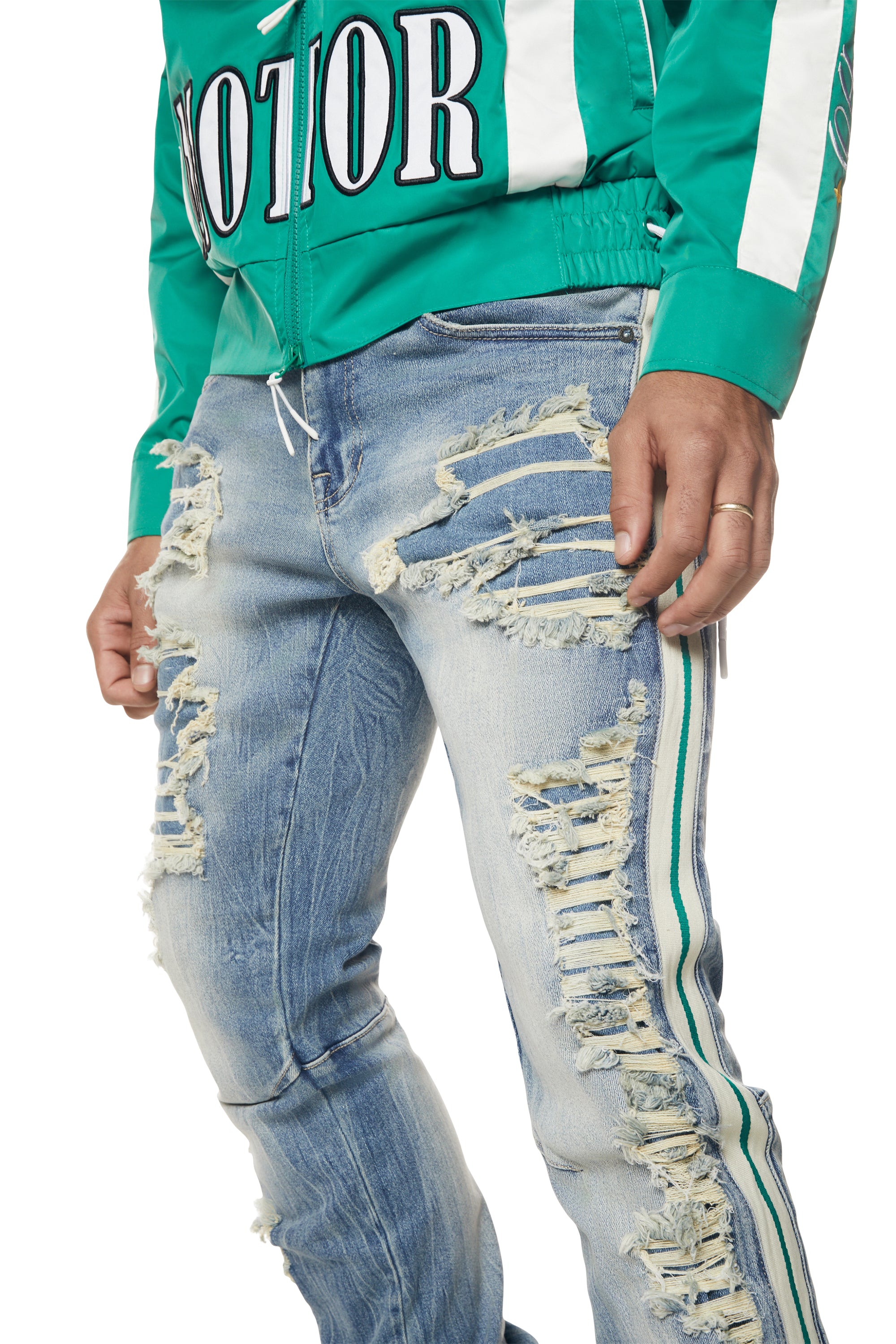 MENS SMOKE RISE LASER STRIPED STACKED DENIM JEAN (OSAKA BLUE)