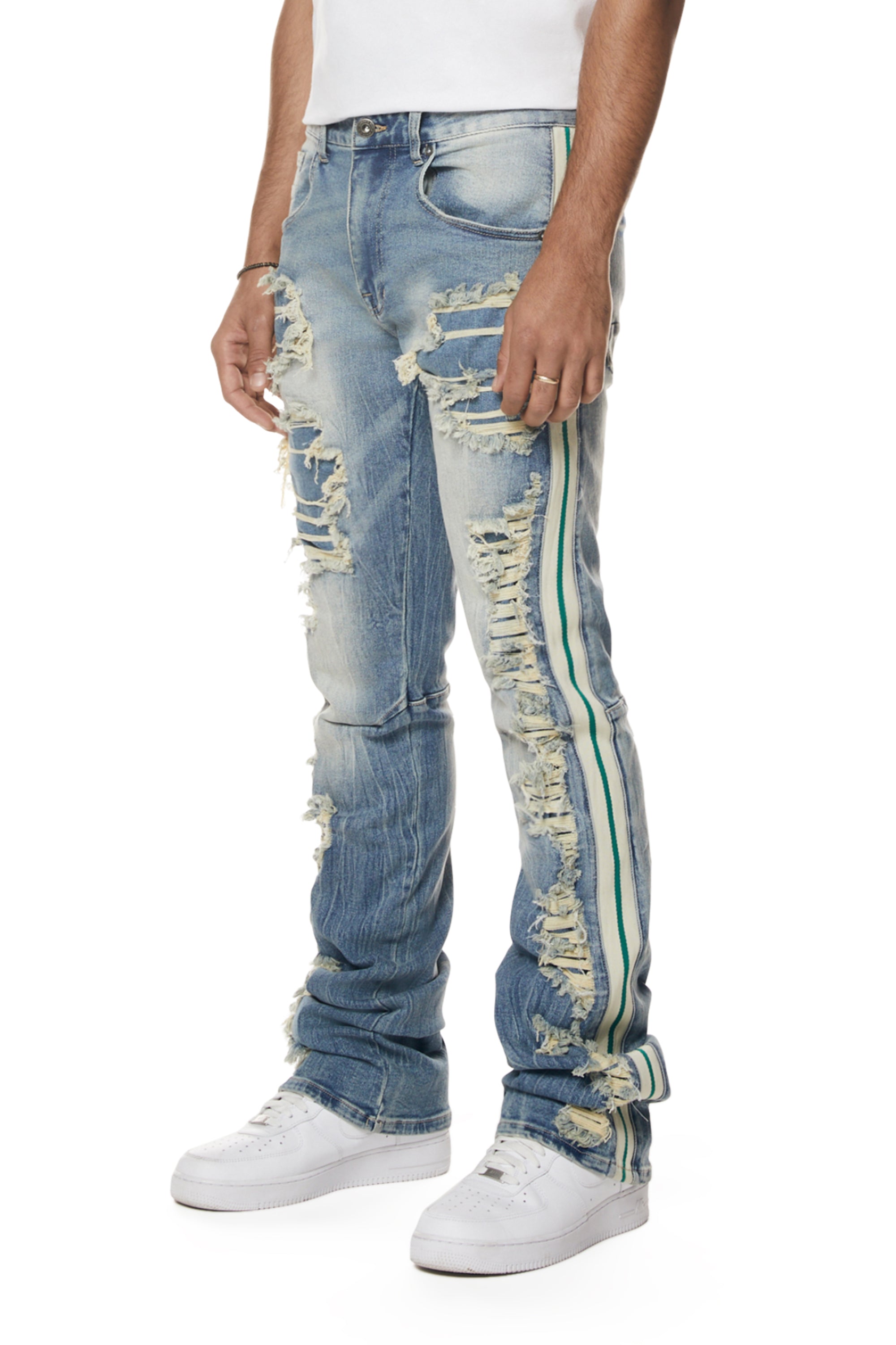 MENS SMOKE RISE LASER STRIPED STACKED DENIM JEAN (OSAKA BLUE)