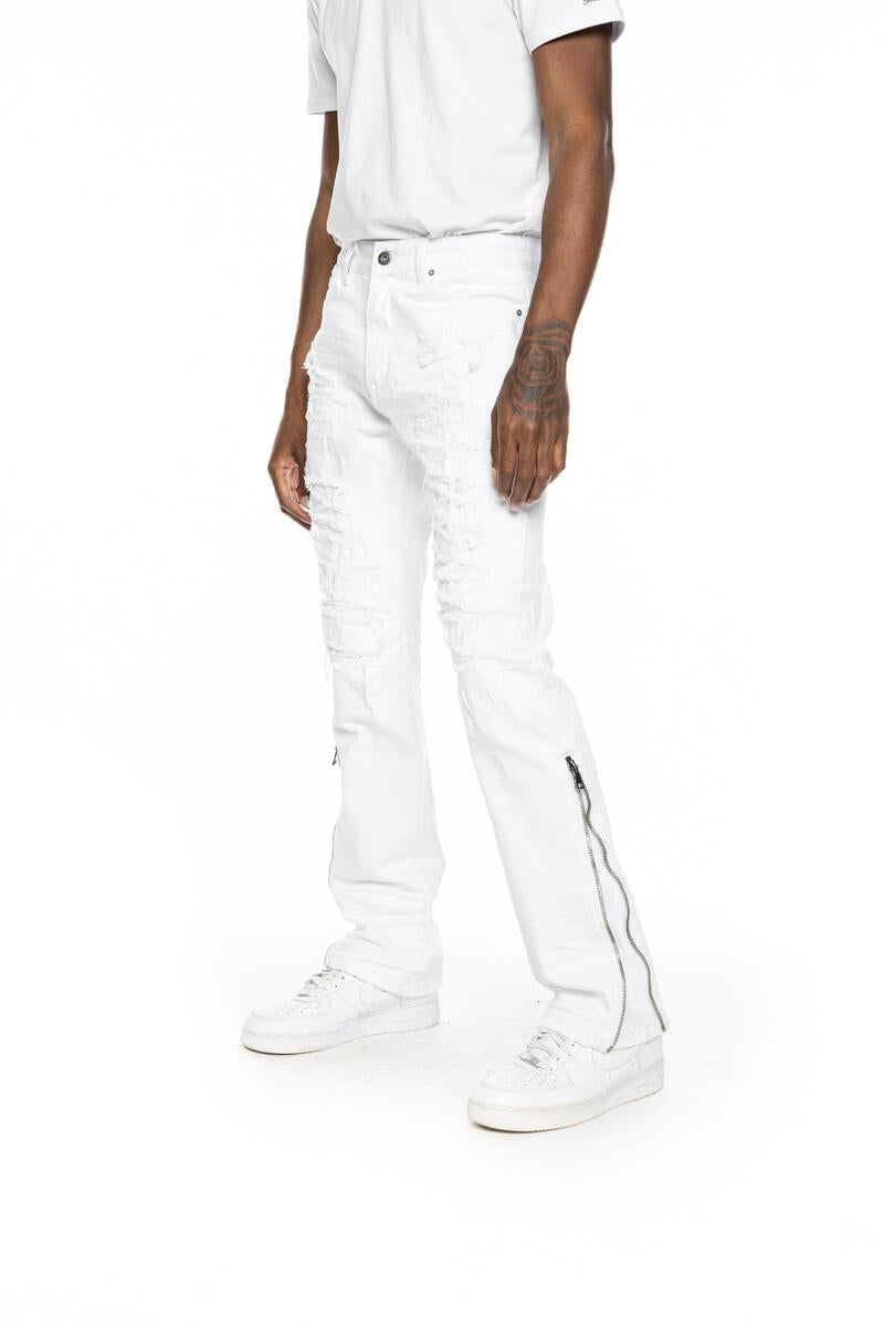 MEN'S SMOKE RISE RIP & REPAIR STACKED FLARE FASHION JEAN (WHITE)