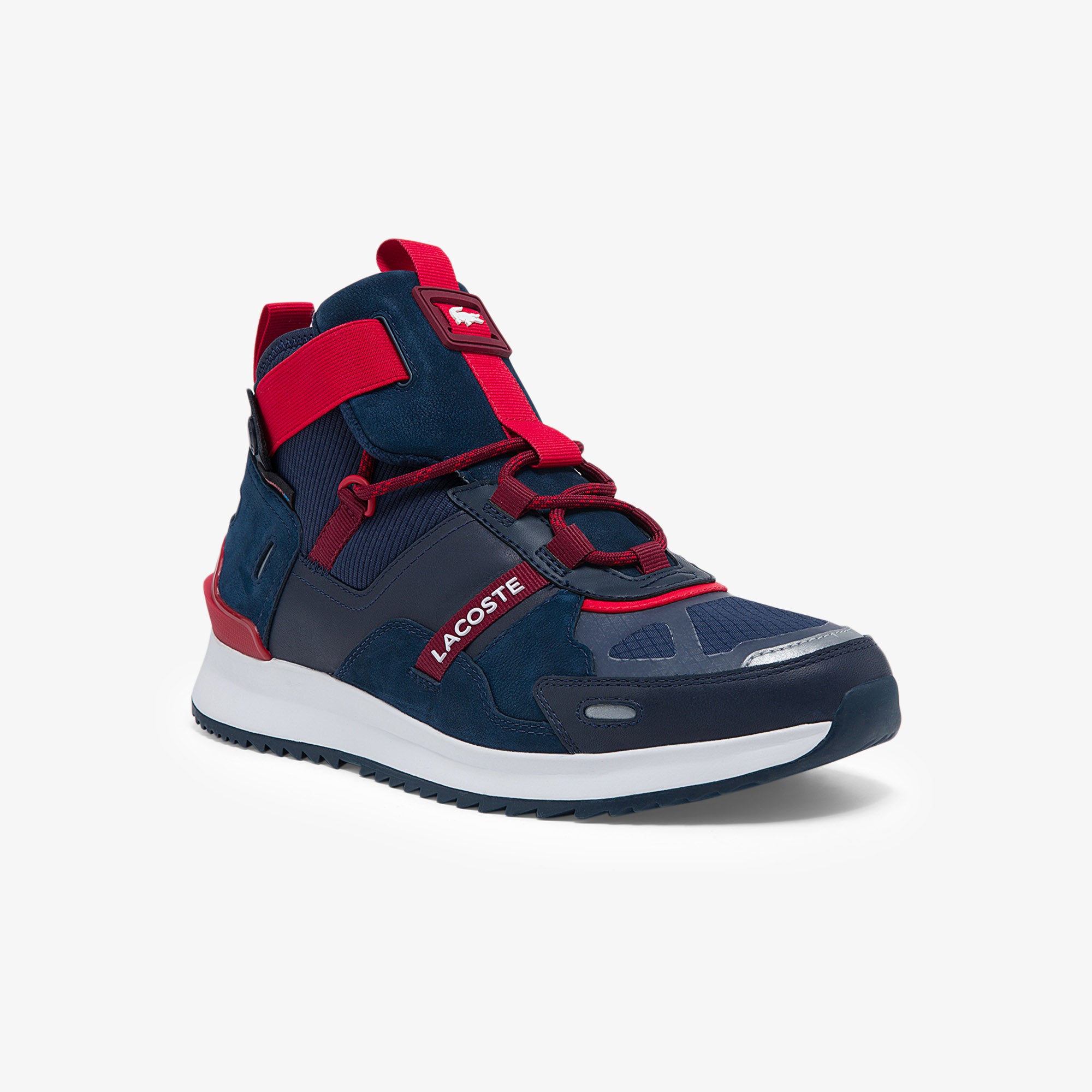 MEN'S LACOSTE RUN BREAKER TEXTILE AND LEATHER TRAINER (NAVY/RED)