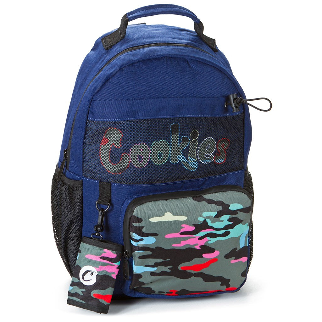 ESCOBAR SMELL PROOF CAMO PIECED POLY CANVAS BACKPACK W/ HEAVY DUTY PLASTIC ZIPPERS, INSET MESH POCKET & FRONT CARGO POCKET (NAVY)