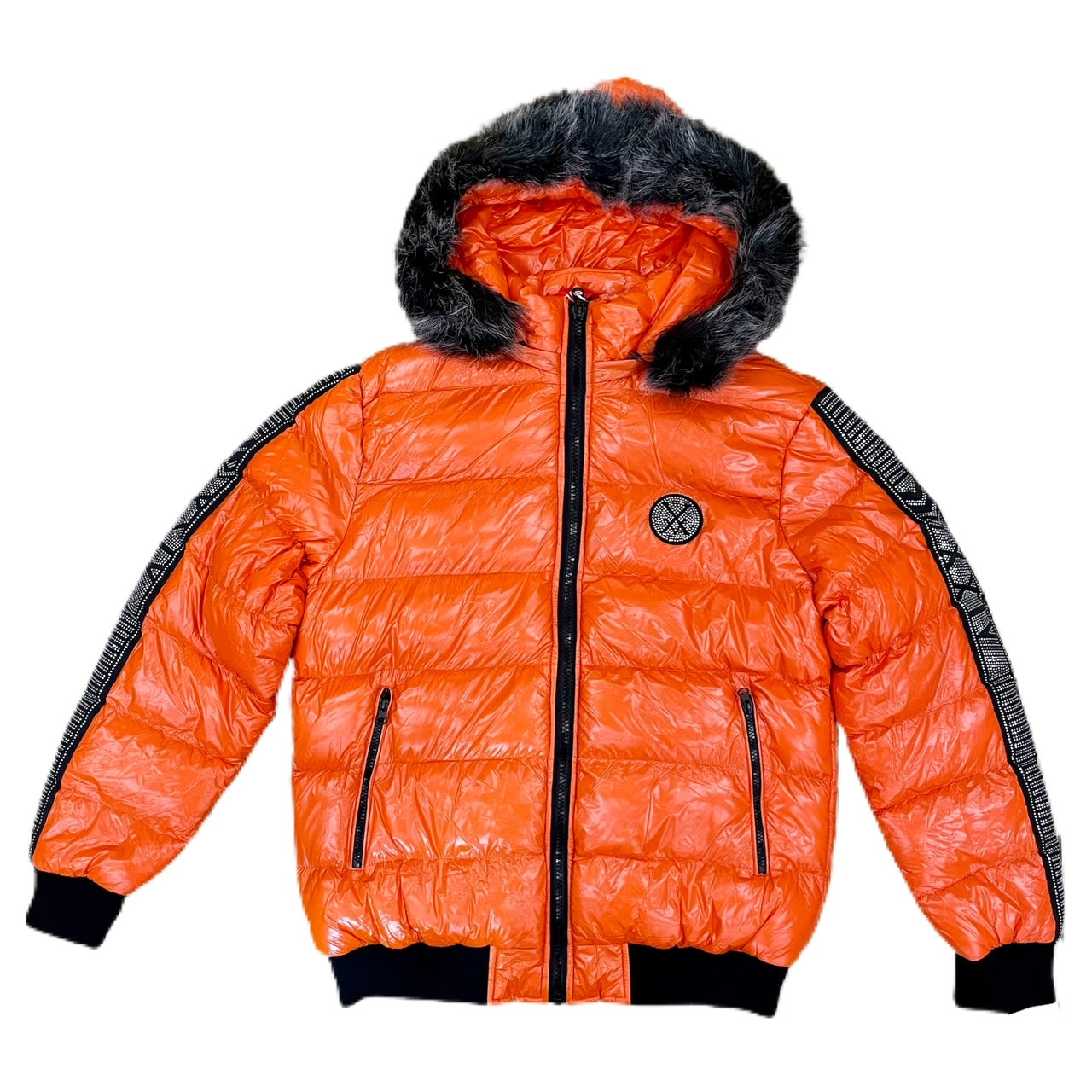 MEN'S SHINY NYLON FAUX FUR HOODED BOMBER (ORANGE)