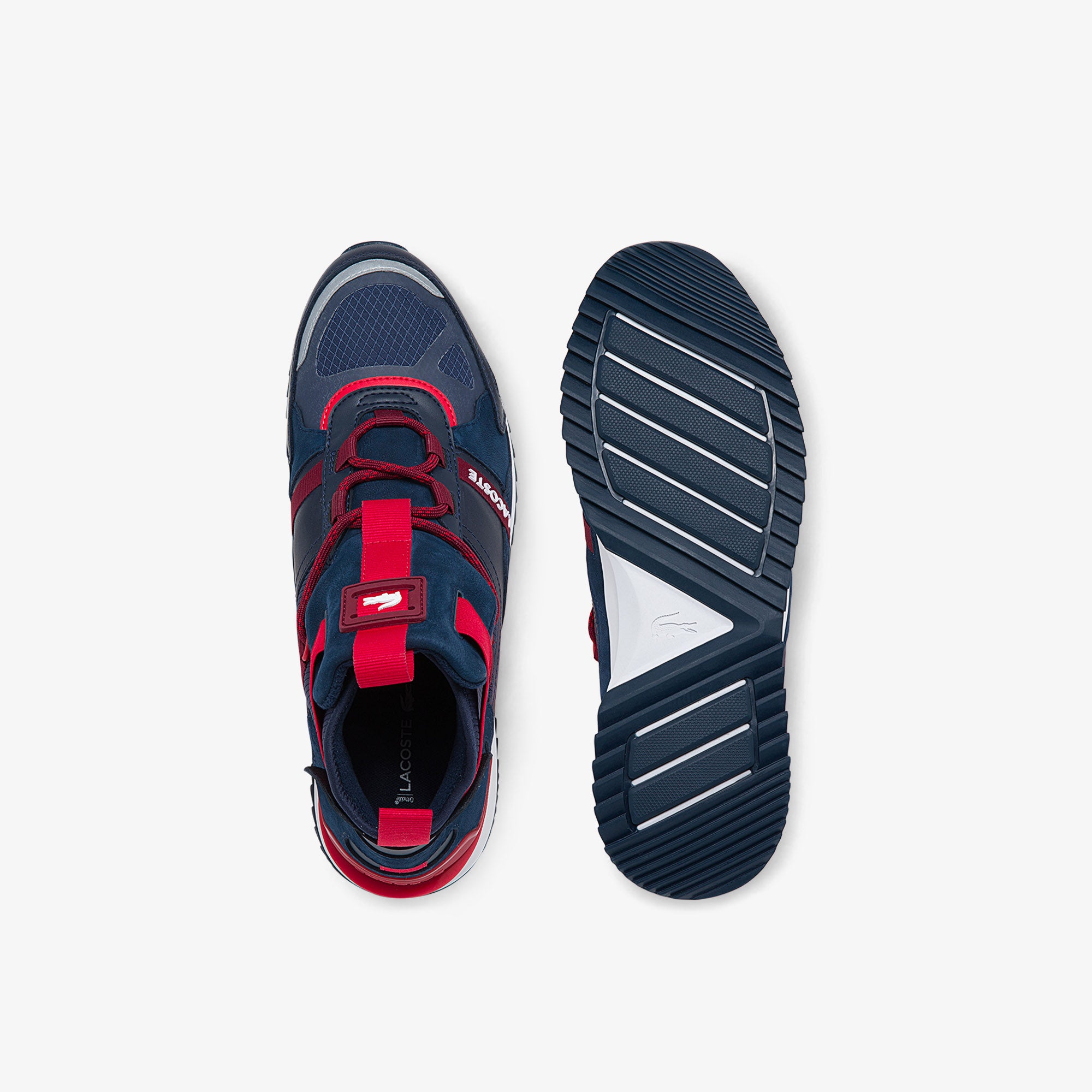 MEN'S LACOSTE RUN BREAKER TEXTILE AND LEATHER TRAINER (NAVY/RED)