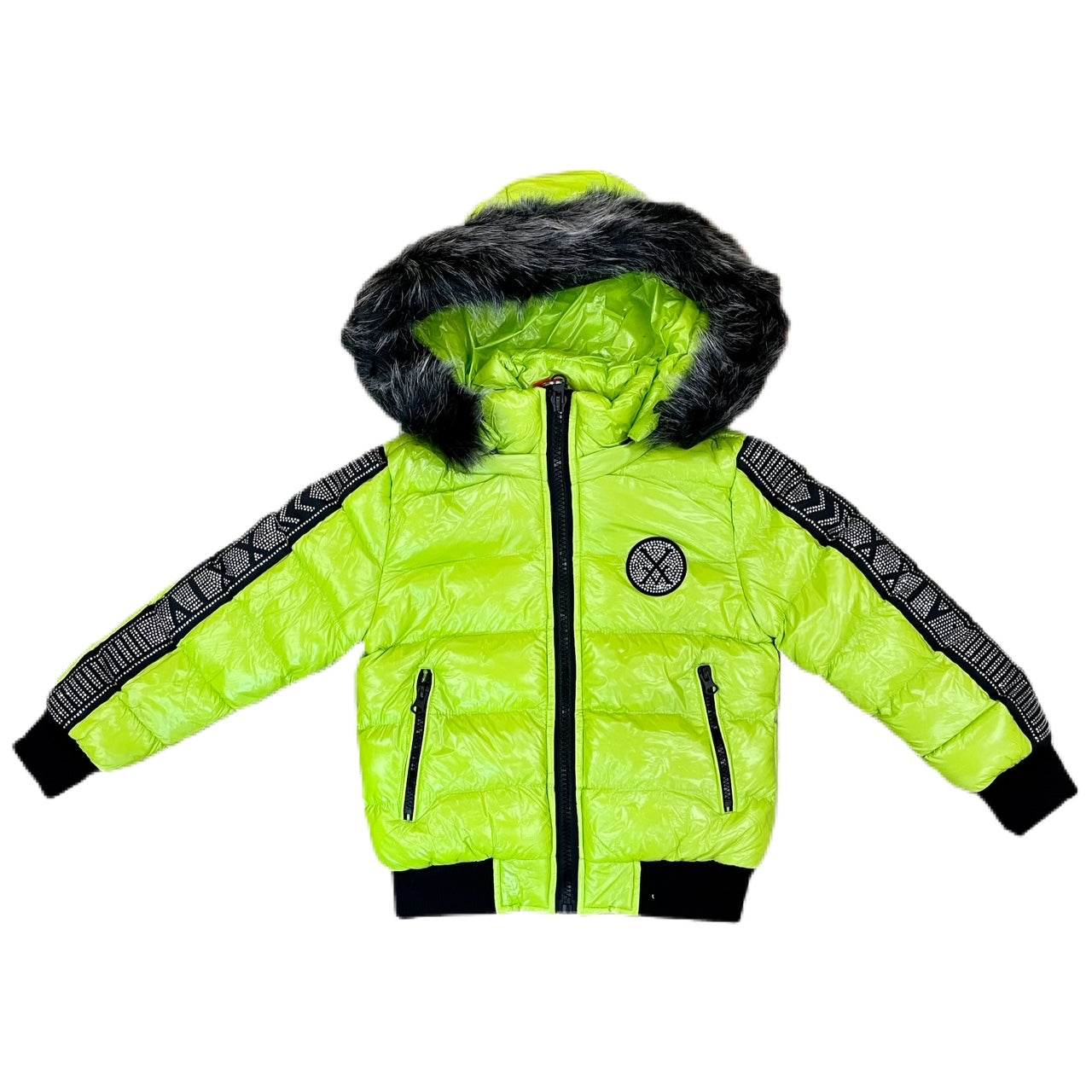 KID'S SHINY NYLON FAUX FUR HOODED BOMBER (LIME)
