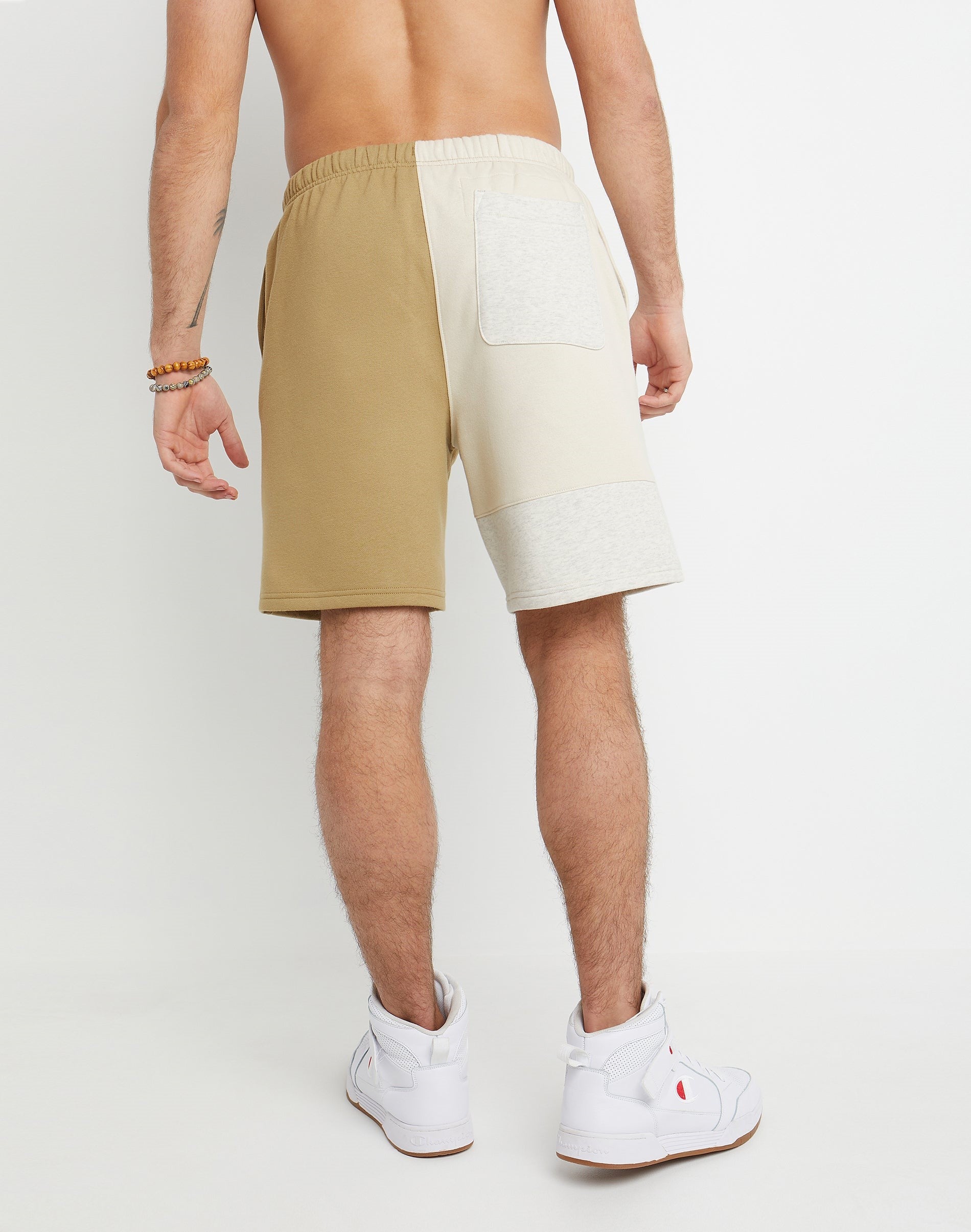MEN'S CHAMPION 8" CLASSIC FLEECE BLOCKED SHORT (WHOLE WHEAT KHAKI/PEBBLESTONE)