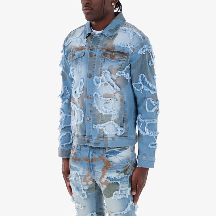 MENS COPPER RIVET CAMO DENIM JACKET LIGHT SAND BLUE