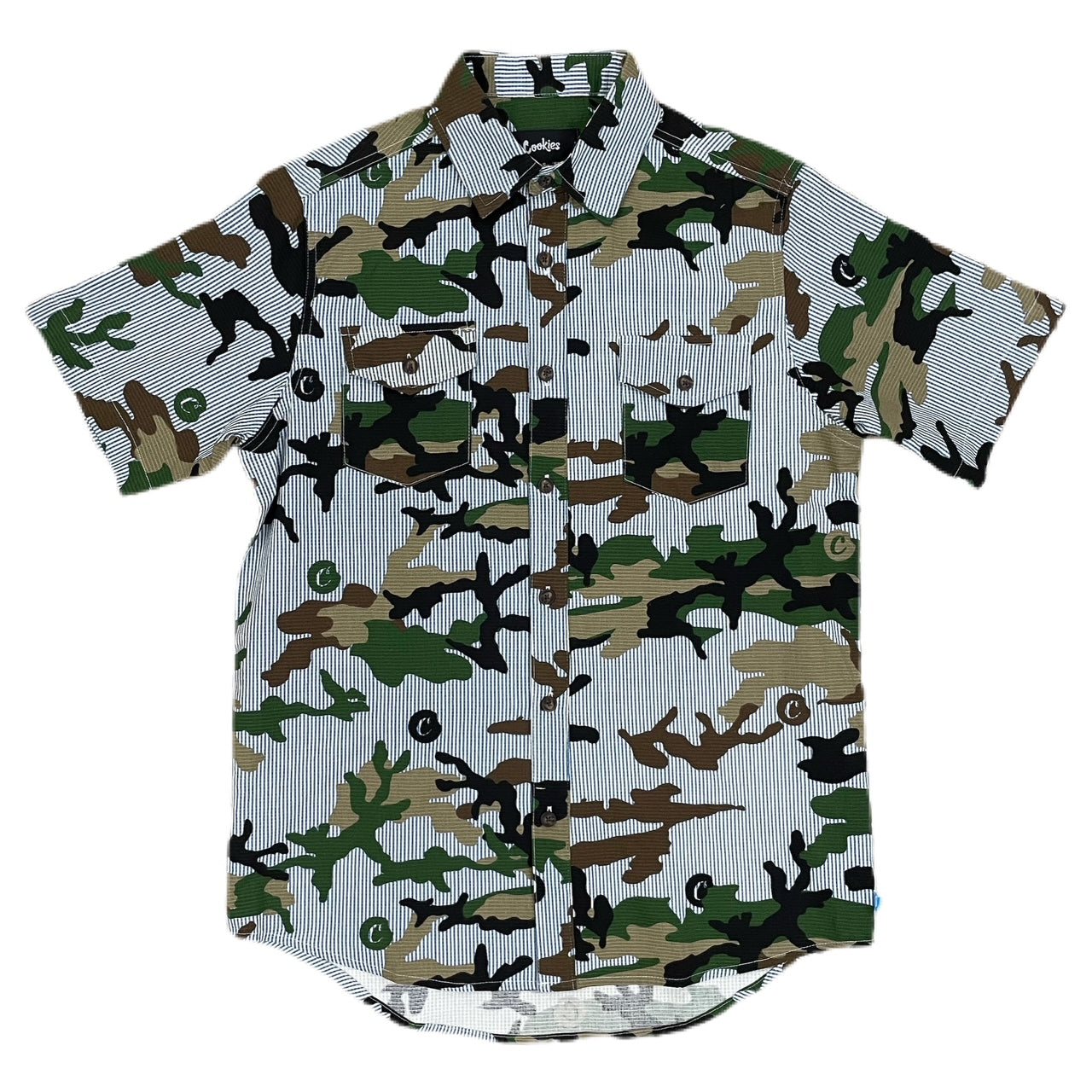 VINTAGE CAMO COTTON SEERSUCKER S/S BUTTON DOWN WOVEN SHIRT (Camo)