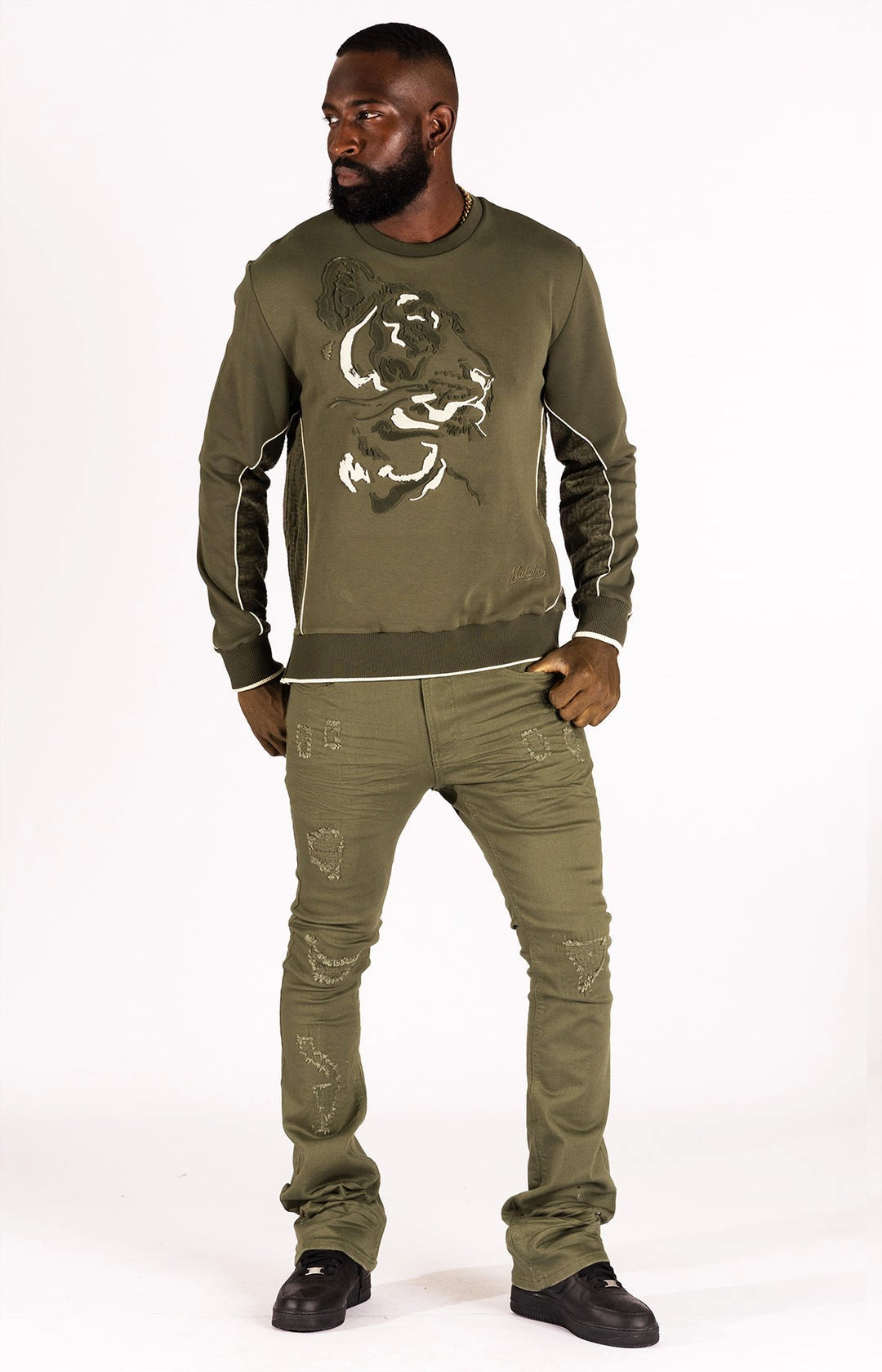 MENS MAKOBI BENINI TWILL STACKED JEAN (OLIVE)