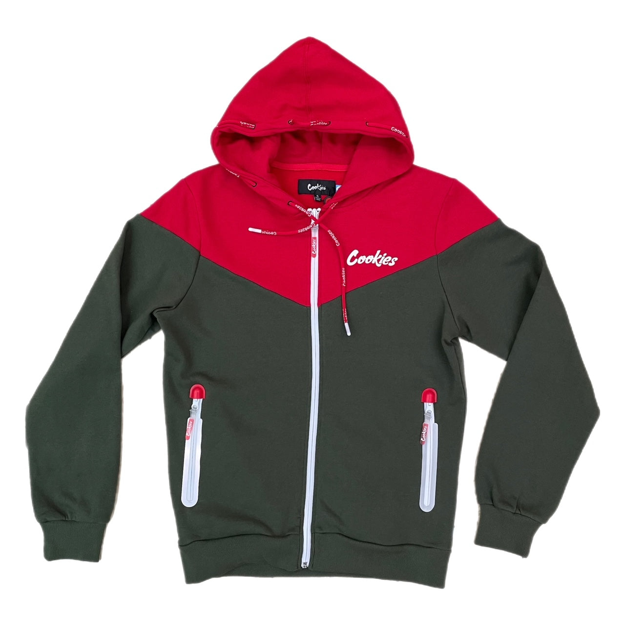 CONTRABAND FLEECE CHEVRON PATTERN ZIP HOODY W/ LOGO DRAWCORDS, REVERSE COIL ZIPPERS, 3M TAPING DETAIL, CUSTOM COOKIES ZIPPER PULLS & SILICONE COOKIES LOGO PATCH (OLIVE/RED)