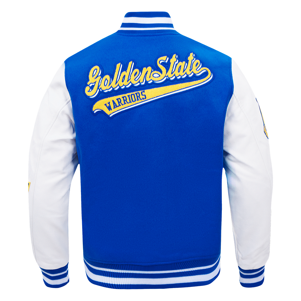 MENS GOLDEN STATE WARRIORS SCRIPT TAIL RIB WOOL VARSITY JACKET (ROYAL BLUE/WHITE)