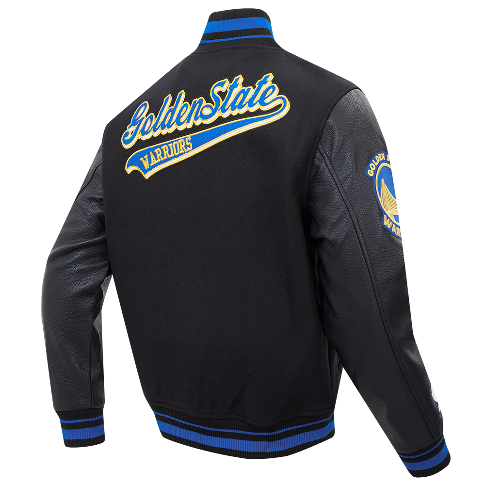 MENS GOLDEN STATE WARRIORS SCRIPT TAIL RIB WOOL VARSITY JACKET (BLACK/ROYAL BLUE)