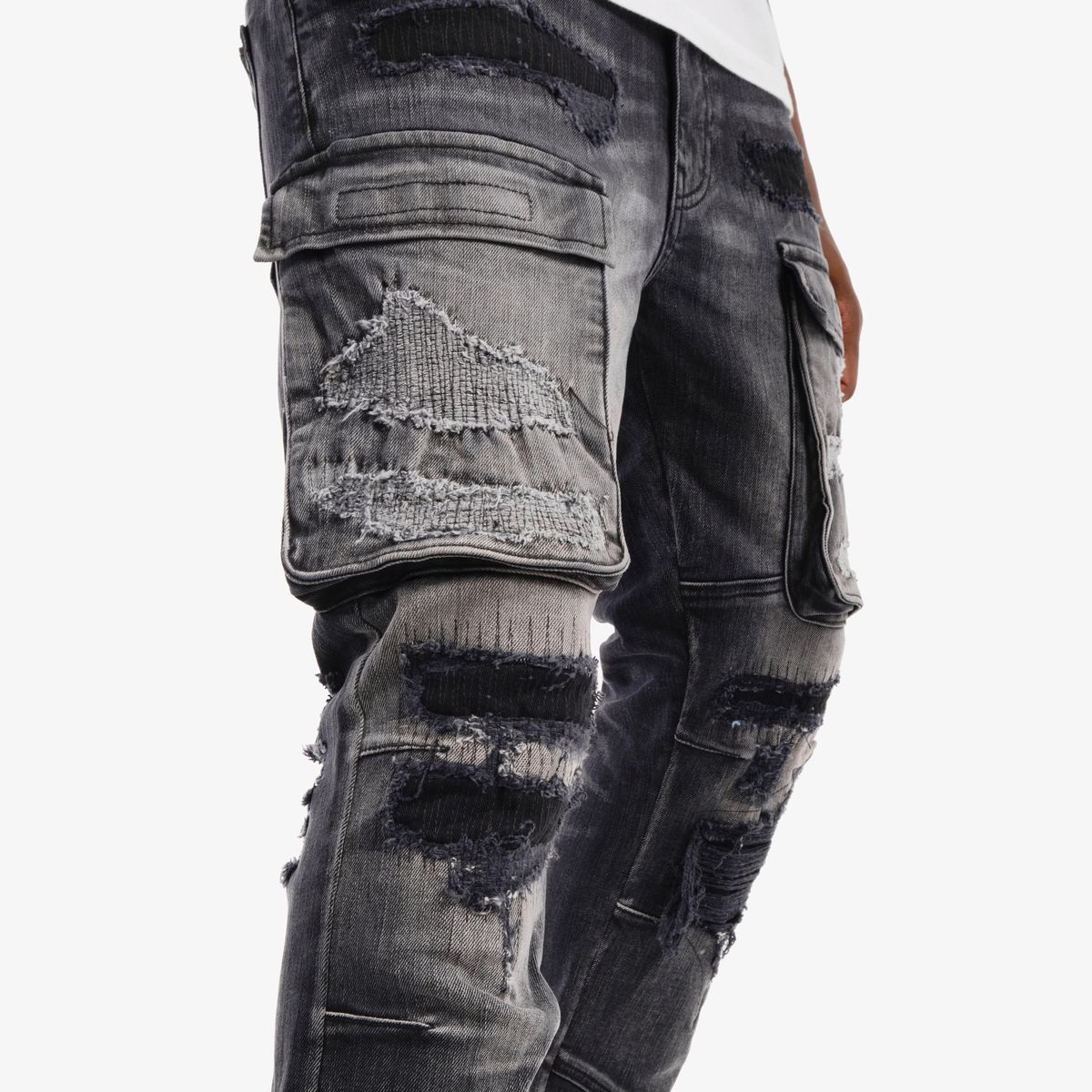 MENS COPPER RIVET SLIM FIT RIP AND REPAIR CARGO DENIM (BLACK SAND)