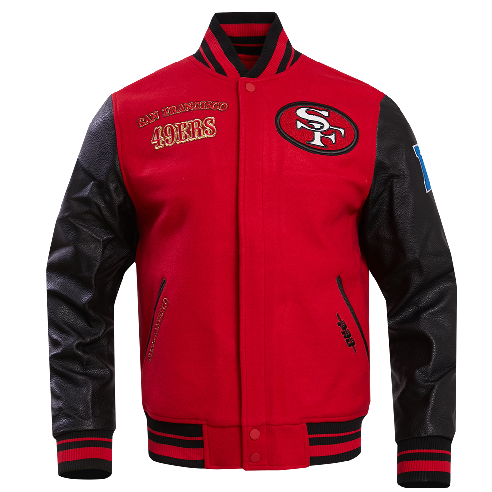 MENS SAN FRANCISCO 49ERS RETRO CLASSIC RIB WOOL VARSITY JACKET (RED/BLACK)