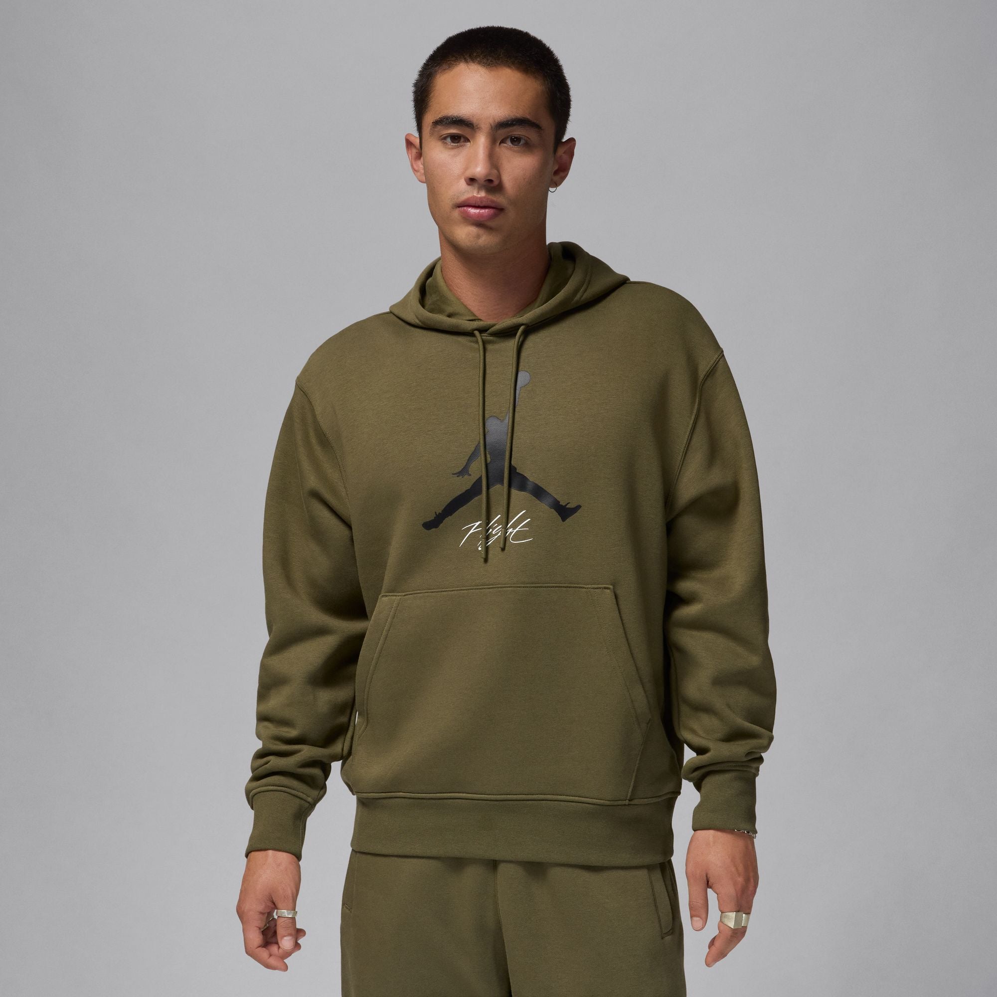 MENS JORDAN JORDAN ESSENTIAL FLEECE BASELINE HOODIE (MEDIUM OLIVE/WHITE/BLACK)