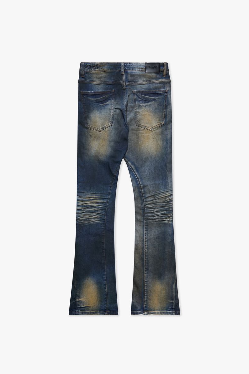 MENS VALABASAS "FAX" STACKED WAXED DENIM (VINTAGE BLUE DARK BLUE WASH)