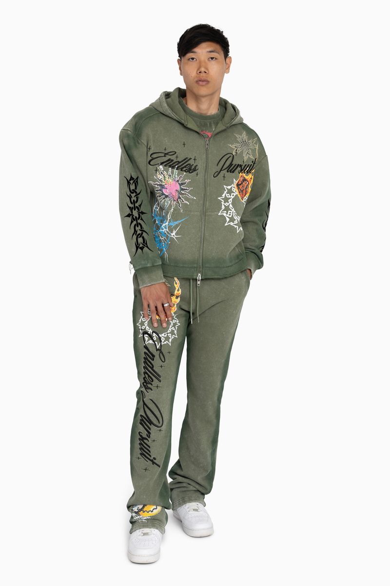 MENS SMOKE RISE ENDLESS PURSUIT STUDDED FZ HOODIE WARMUP (VINTAGE ARMY)