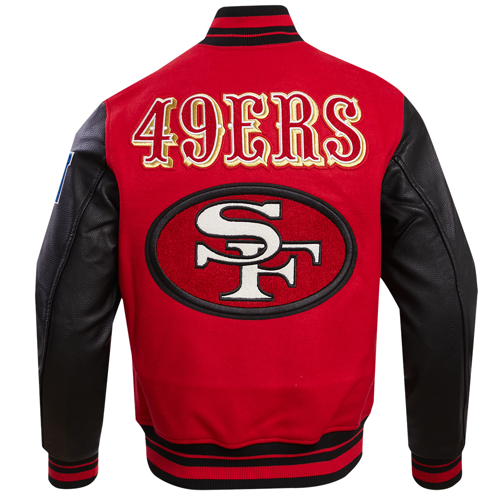 MENS SAN FRANCISCO 49ERS RETRO CLASSIC RIB WOOL VARSITY JACKET (RED/BLACK)