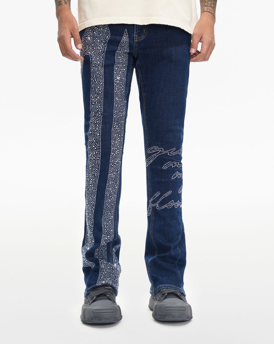 MENS VALABASAS SCRIPTED STACKED JEAN (DENIM BLUE)