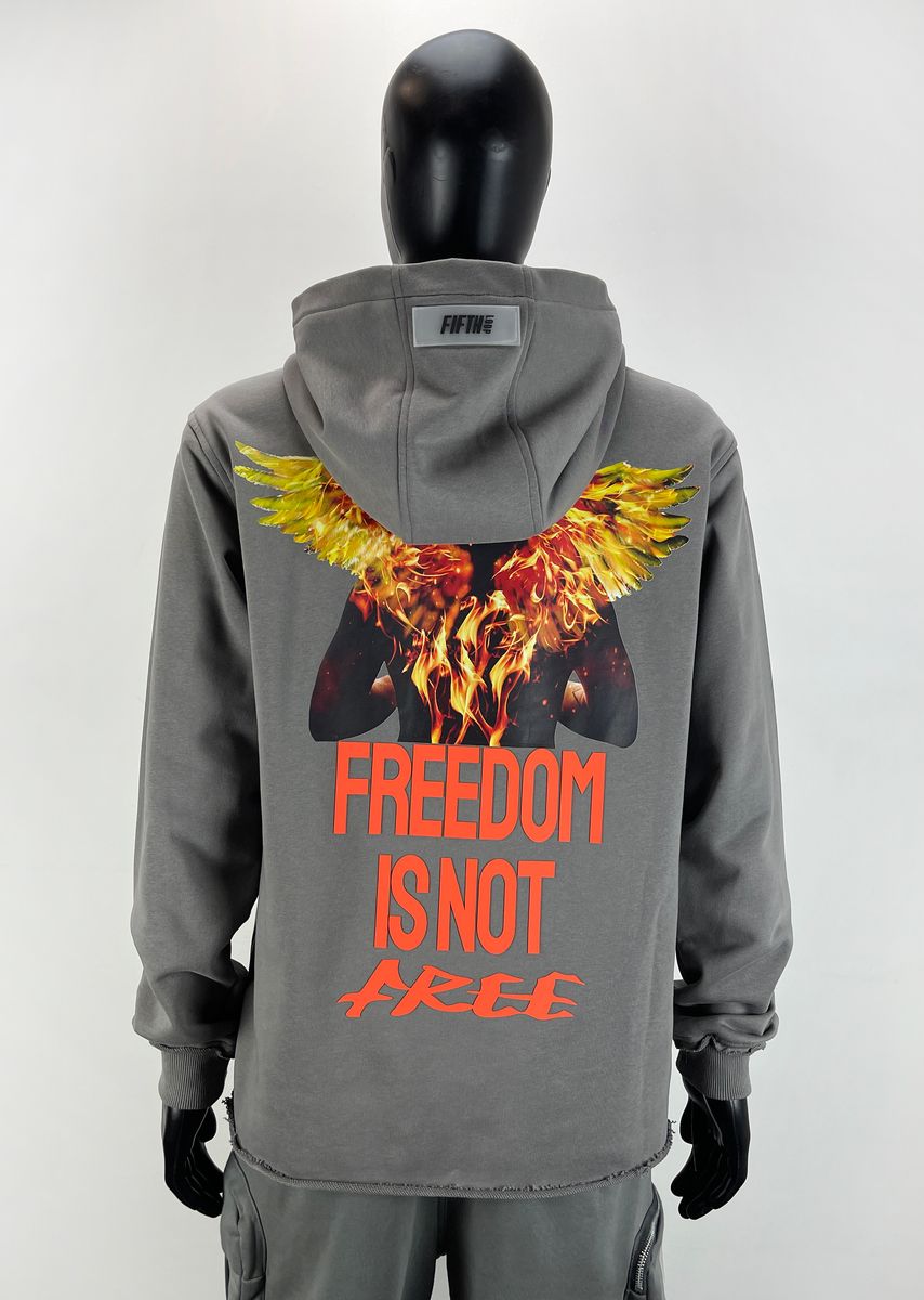 MENS FIFTH LOOP FREEDOM IS NOT FREE CROP PULLOVER HOODIE (GHOST GREY)