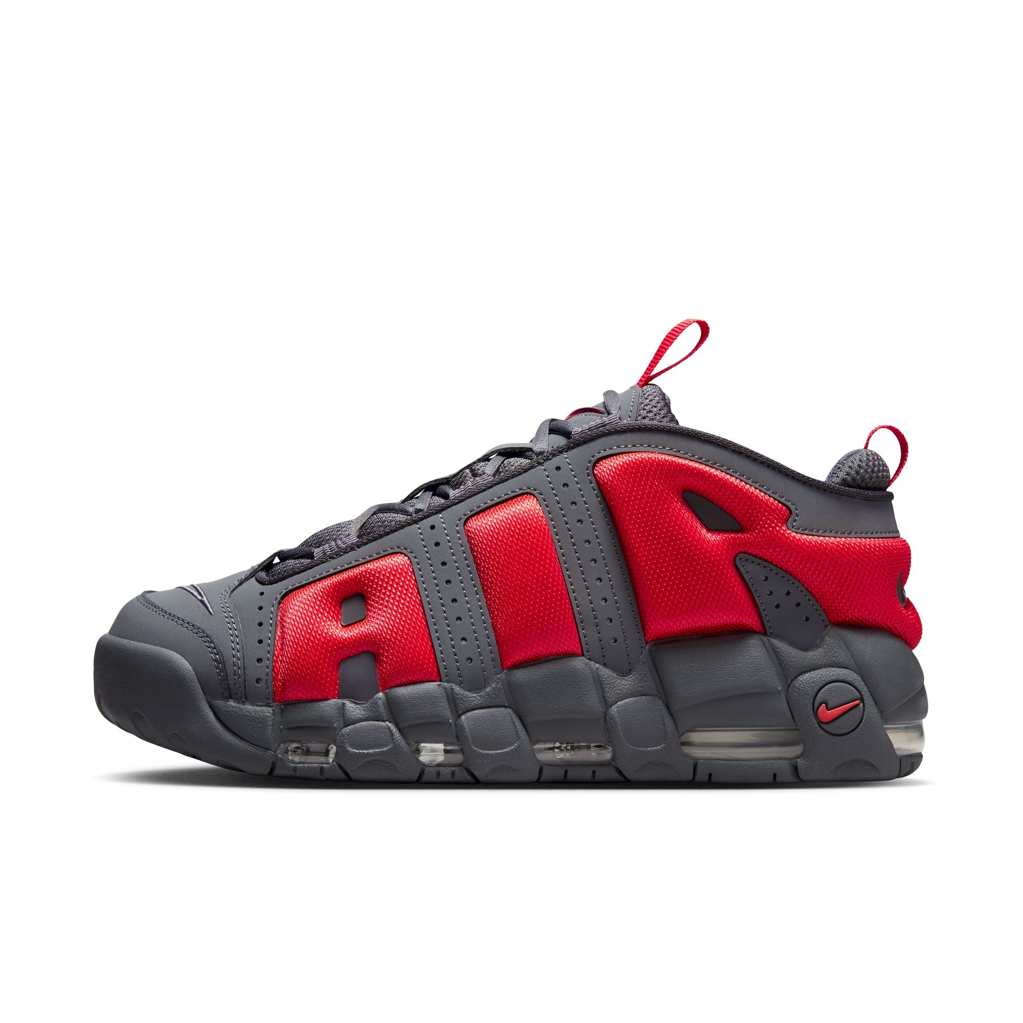 MENS NIKE AIR MORE UPTEMPO LOW (DARK GREY/LT CRIMSON/METALLIC SILVER)