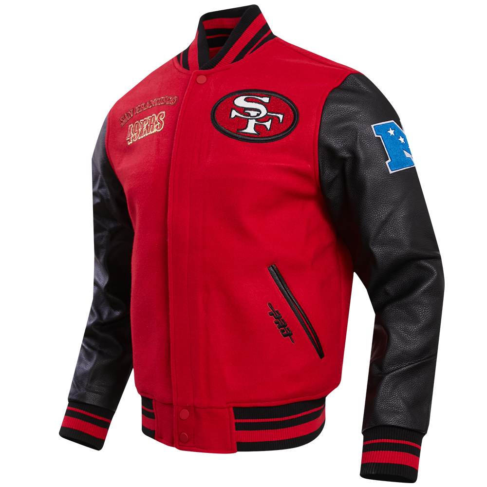 MENS SAN FRANCISCO 49ERS RETRO CLASSIC RIB WOOL VARSITY JACKET (RED/BLACK)