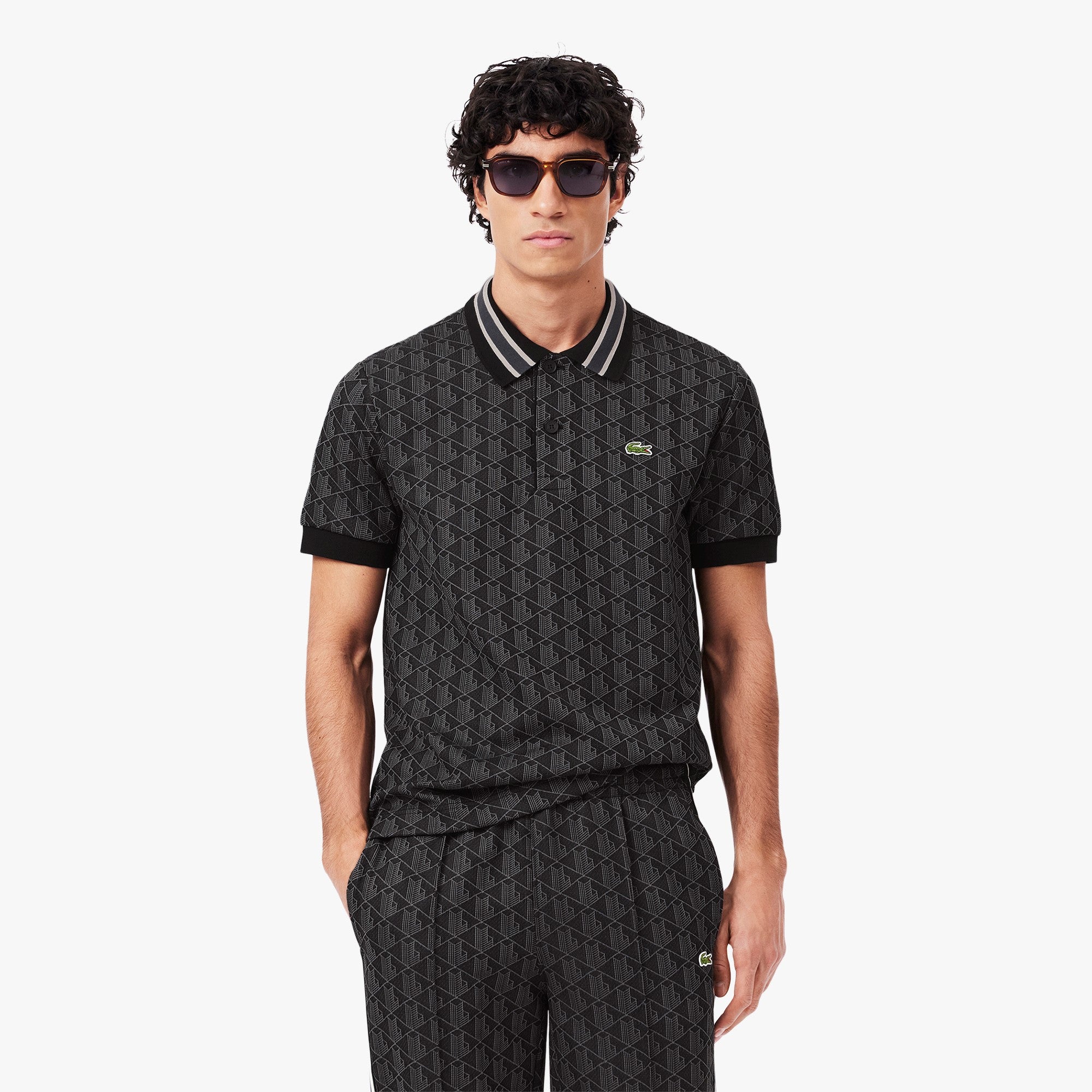 MENS LACOSTE CLASSIC FIT MONOGRAM POLO (BLACK/DARK GREY)