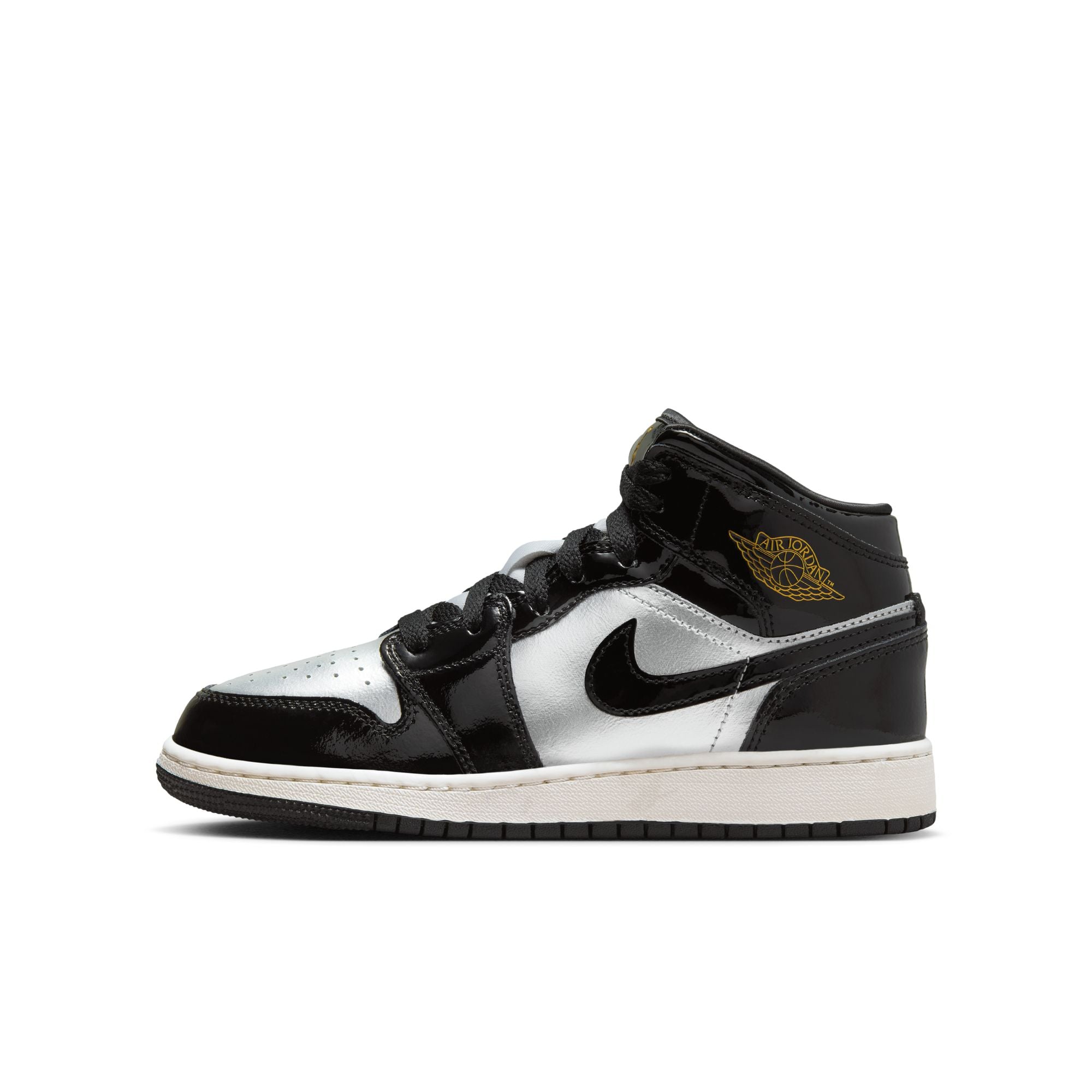 KIDS AIR JORDAN 1 MID SE GS (BLACK/METALLIC GOLD/METALLIC SILVER)