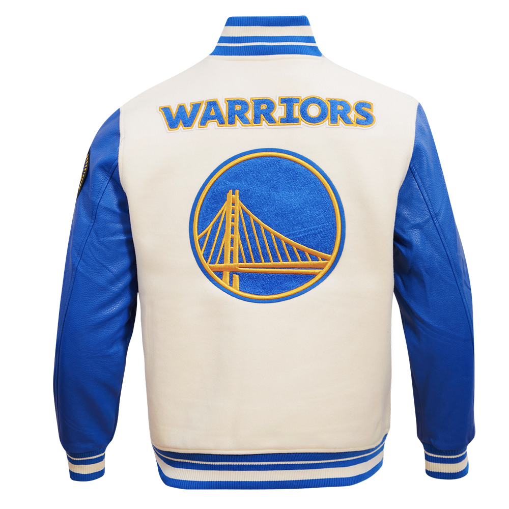 MENS GOLDEN STATE WARRIORS RETRO CLASSIC RIB WOOL VARSITY JACKET (EGGSHELL/ROYAL BLUE)