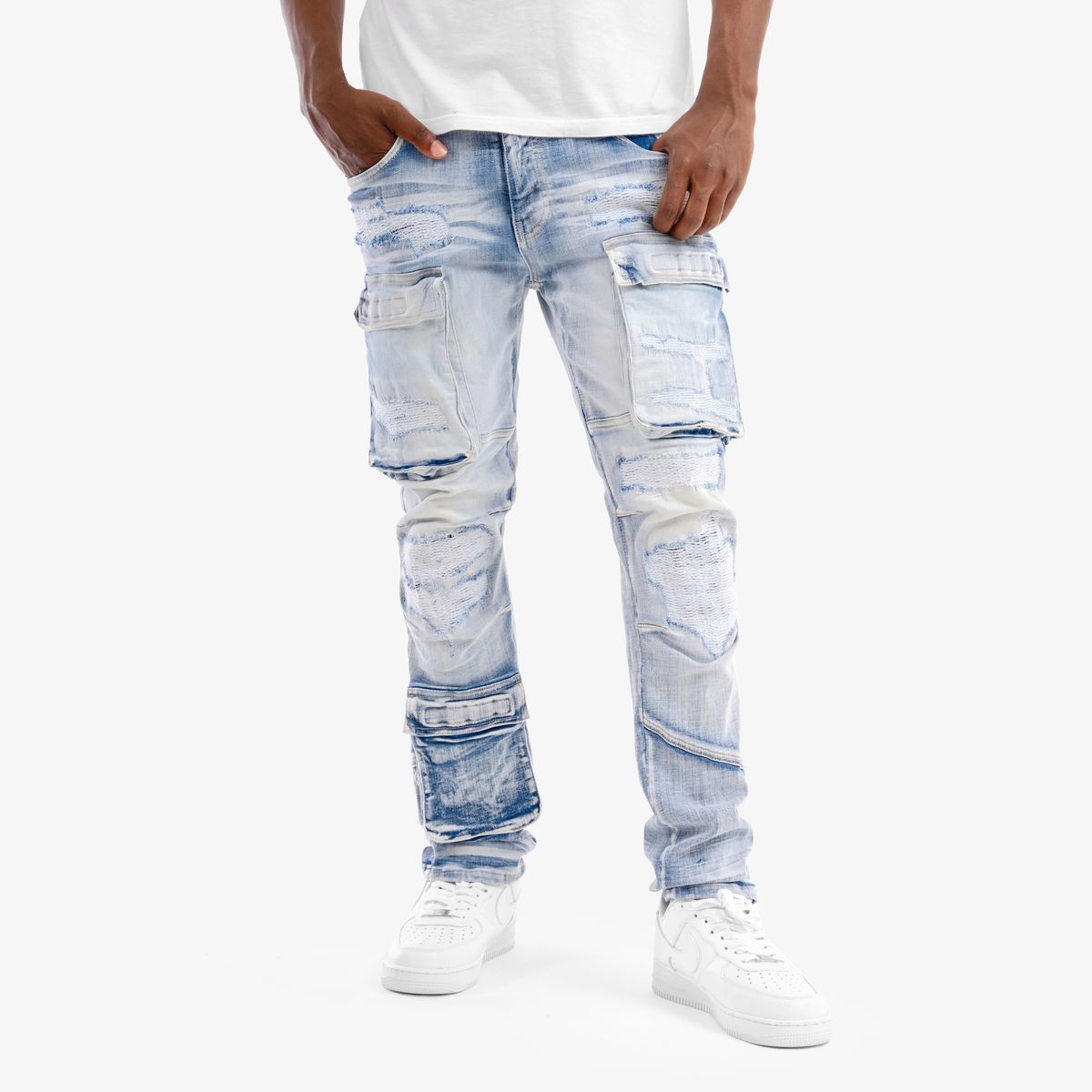 MENS COPPER RIVET SLIM FIT RIP AND REPAIR CARGO DENIM (LIGHT SAND BLUE)