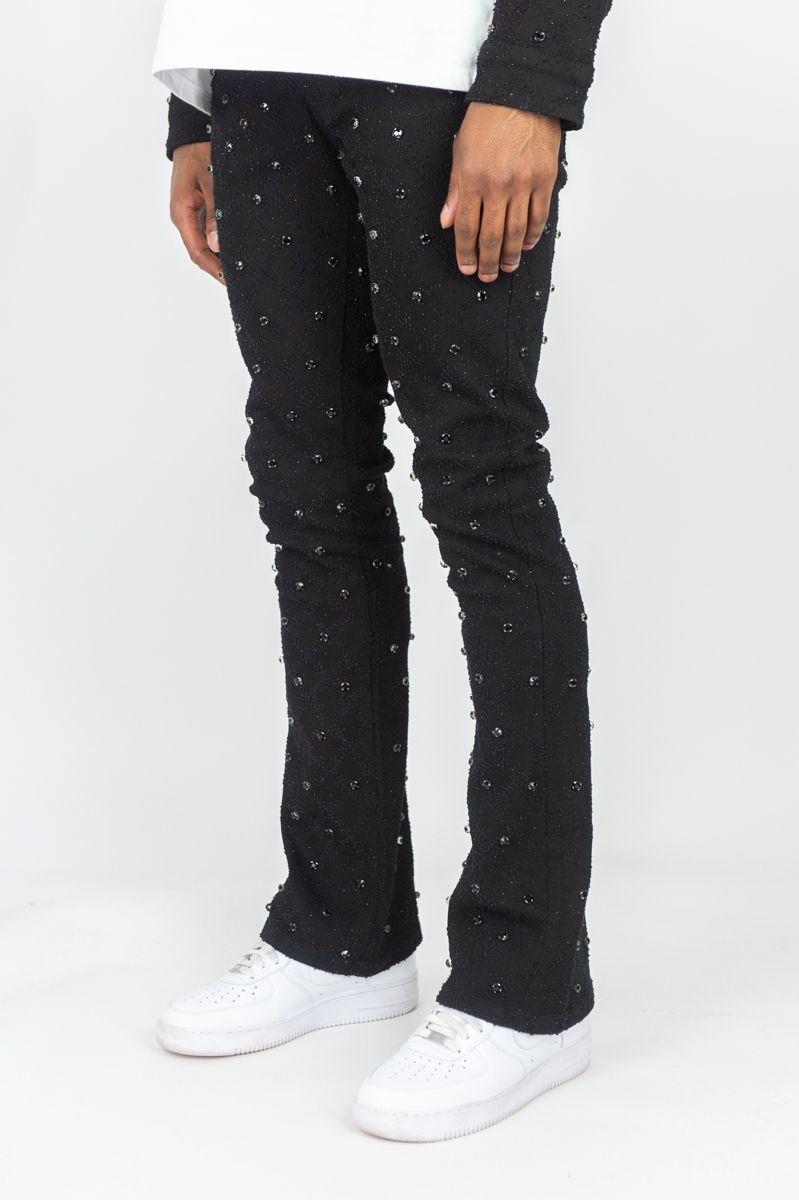 MENS R3BEL DENIM DIAMOND STUDDED STACKED FLARE (BLACK)