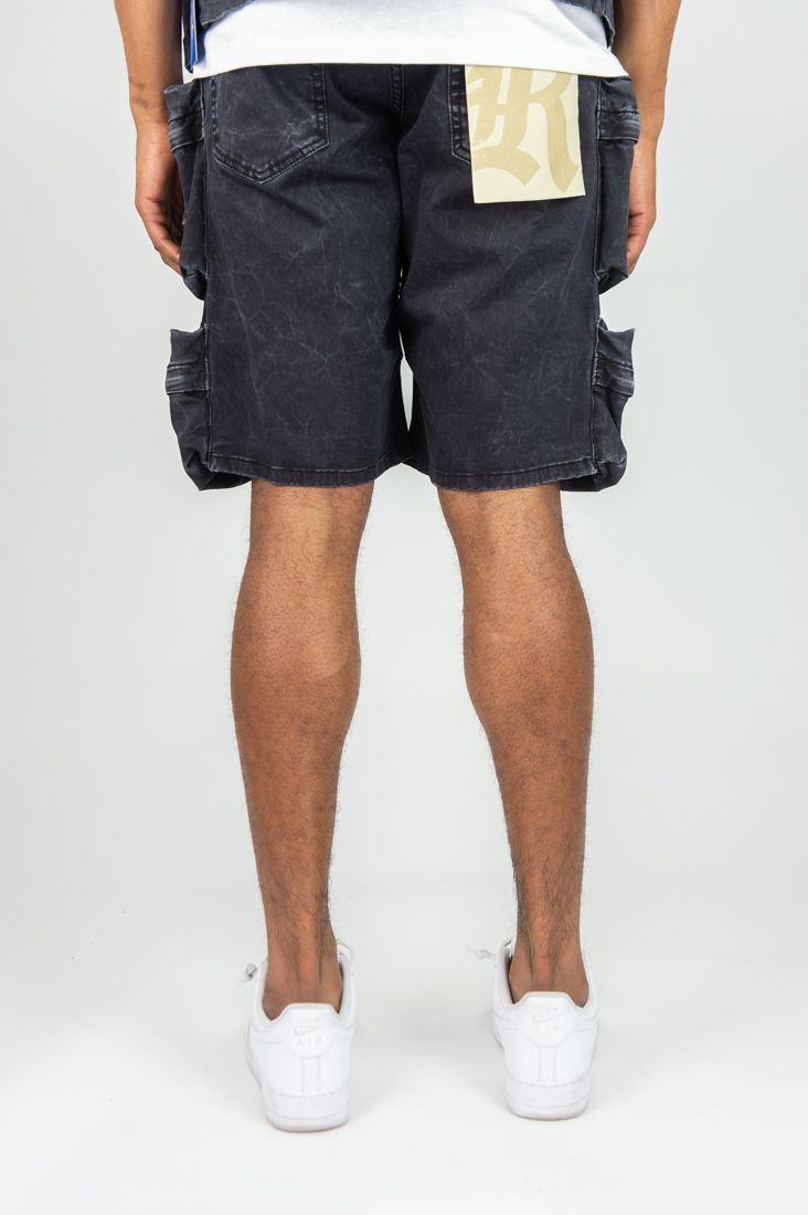 MENS R3BEL DENIM VOYAGER WASHED CARGO JORT (ASH BLACK)