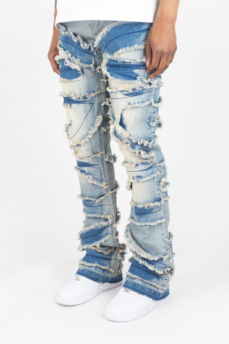 MENS ROAR DENIM RIP & FRAY STACKED DENIM/TWILL PANT (MEDIUM INDIGO)