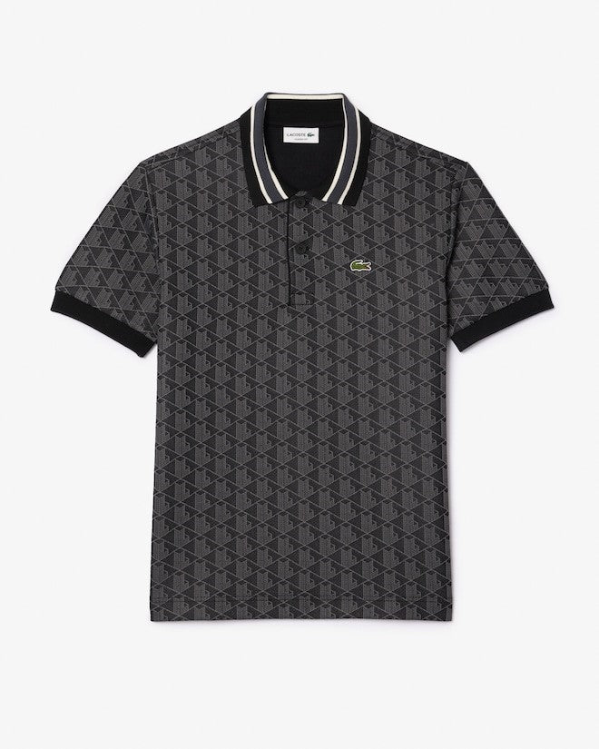 MENS LACOSTE CLASSIC FIT MONOGRAM POLO (BLACK/DARK GREY)