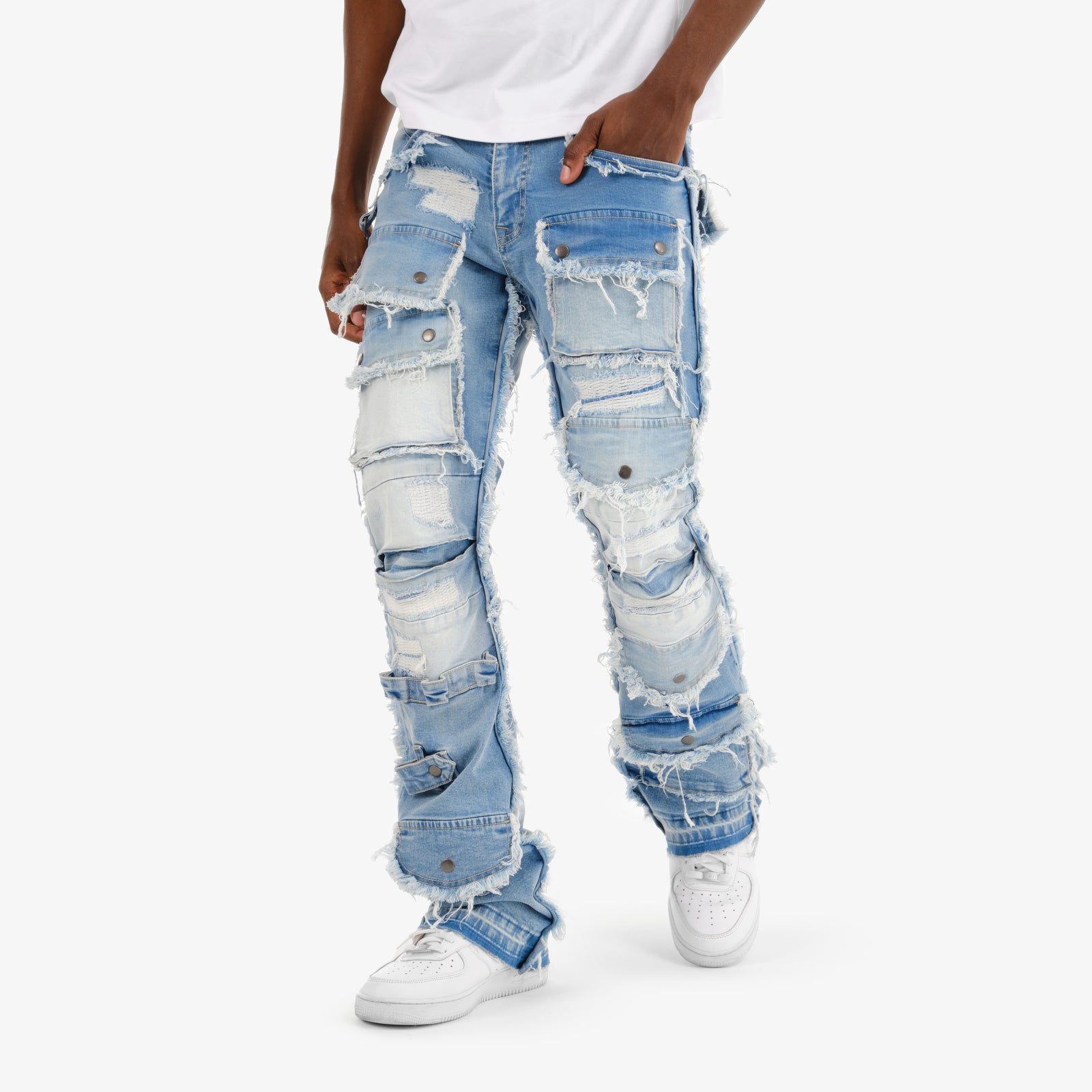 MENS COPPER RIVET MULTI CARGO STACKED DENIM (LIGHT BLUE)