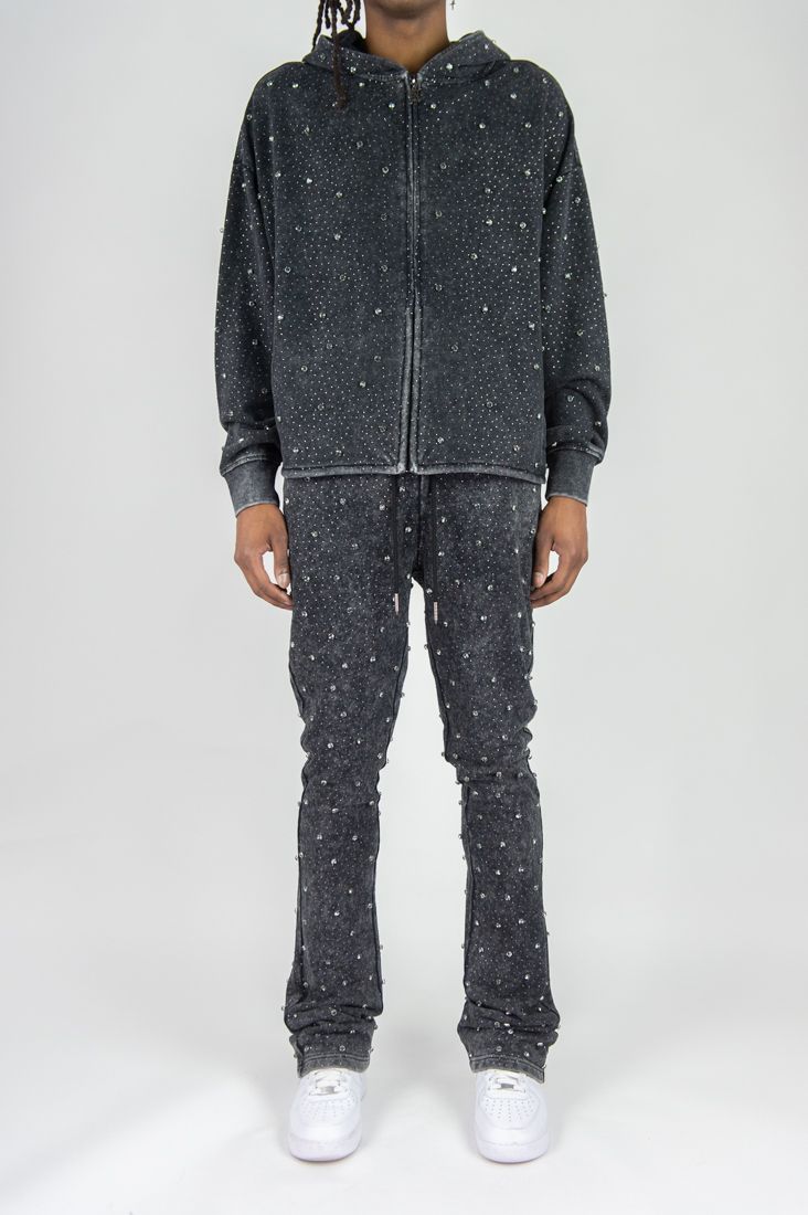 MENS R3BEL DENIM F.TERRY DIAMOND FULL-ZIP WARMUP (ASH BLACK)