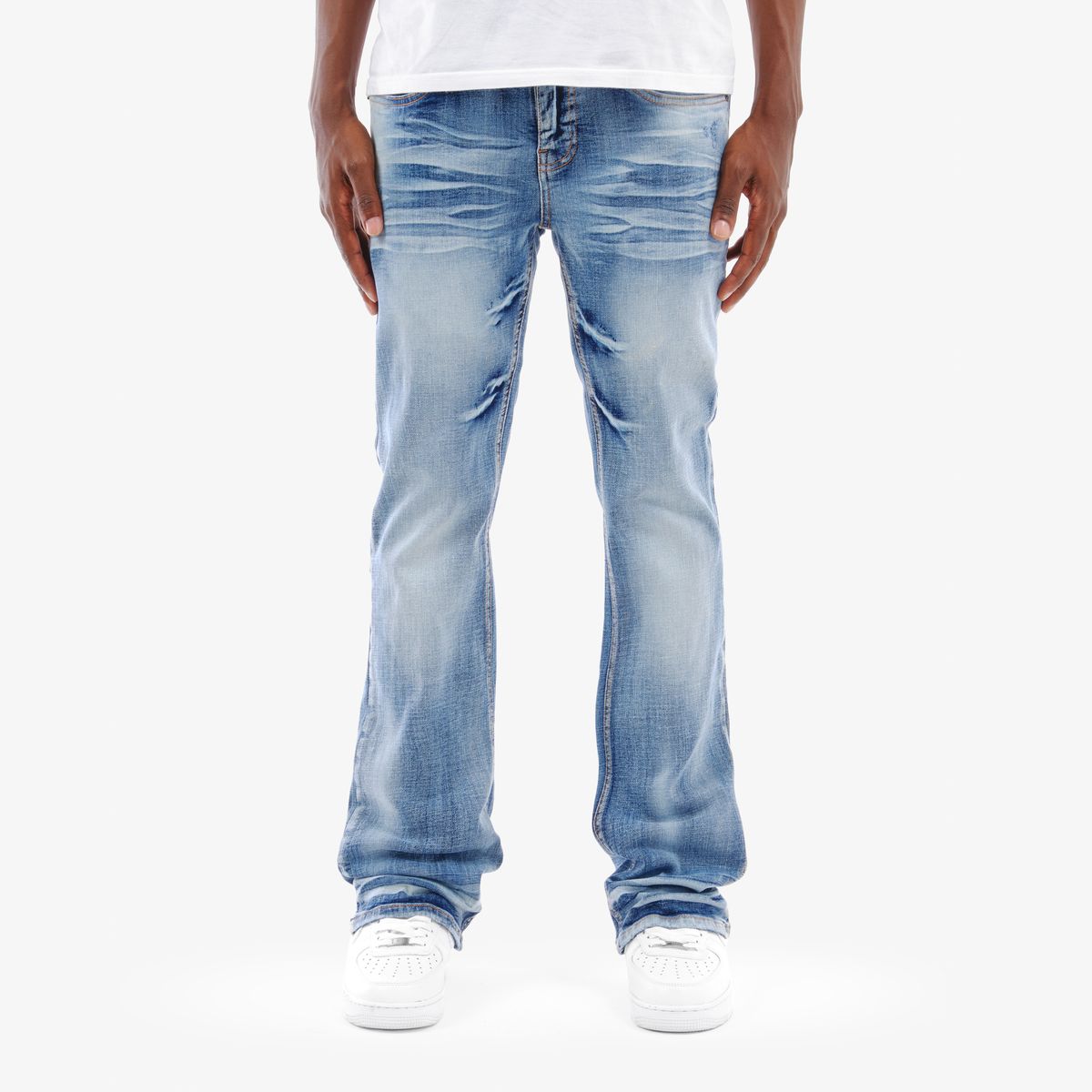 MENS COPPER RIVET CROSS HATCH FLARE FIT JEAN (LIGHT SAND BLUE)