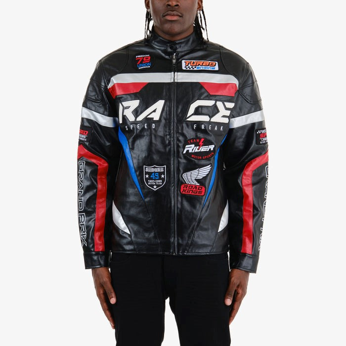 MENS COPPER RIVET PU MOTO RACING JACKET (BLACK)