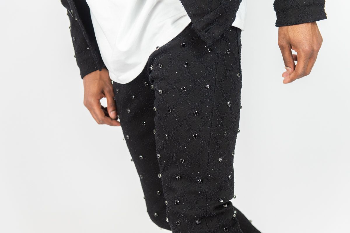 MENS R3BEL DENIM DIAMOND STUDDED STACKED FLARE (BLACK)