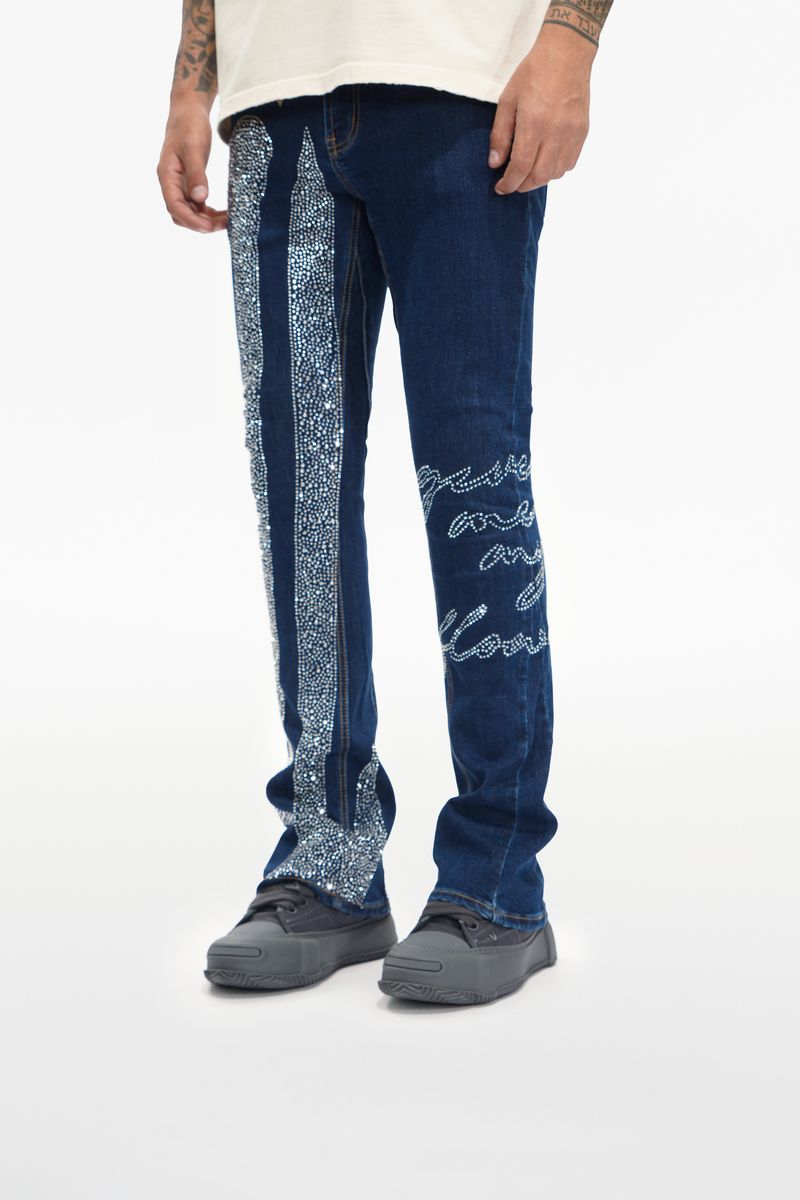 MENS VALABASAS SCRIPTED STACKED JEAN (DENIM BLUE)