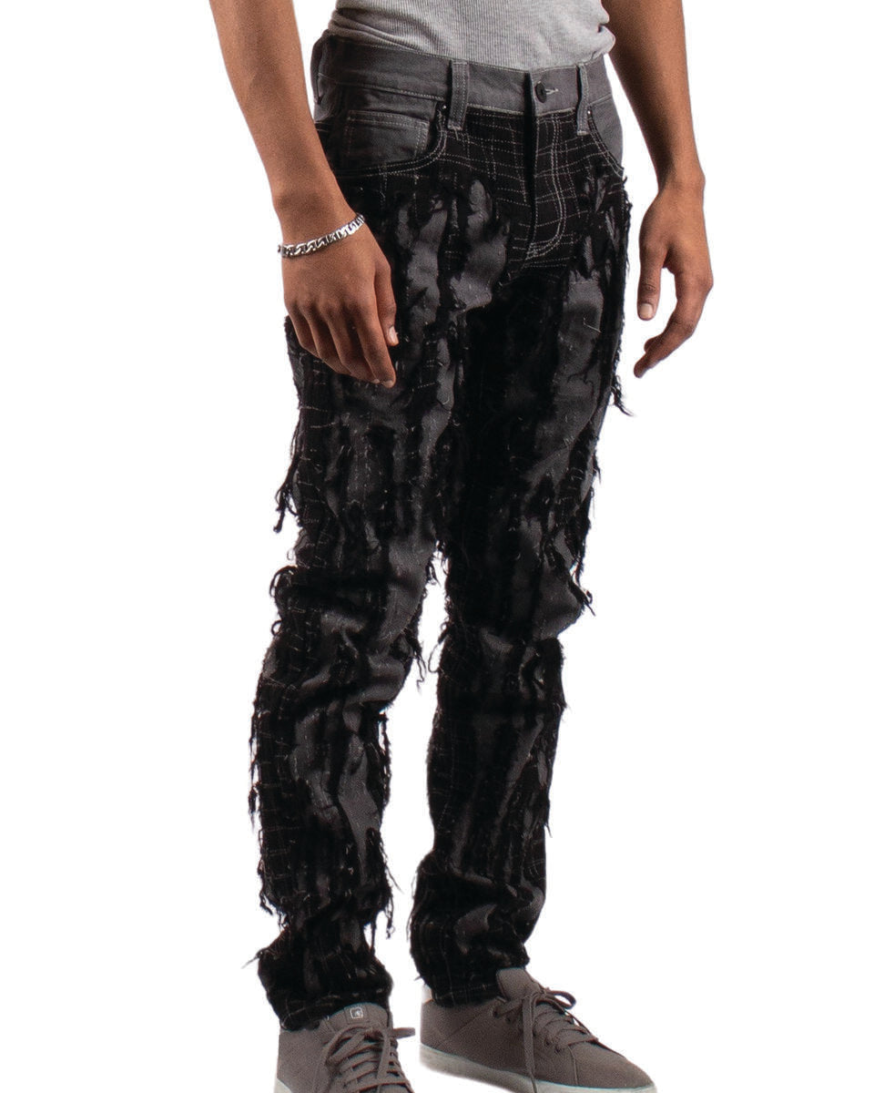 MENS MAJESTIK DOUBLE LAYERED RIP & TEAR DENIM PANT (BLACK)