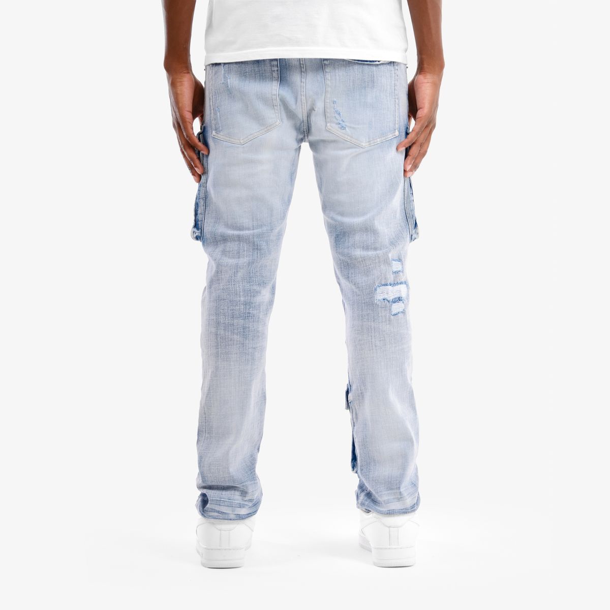 MENS COPPER RIVET SLIM FIT RIP AND REPAIR CARGO DENIM (LIGHT SAND BLUE)