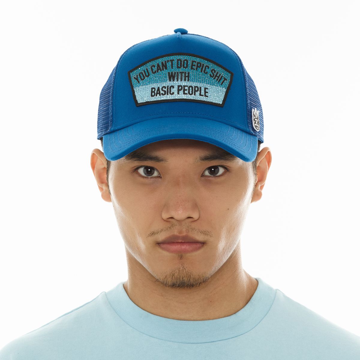 CULT MESH TRUCKER HAT "EPIC SHIT" CRYSTALS (TURKISH BLUE)