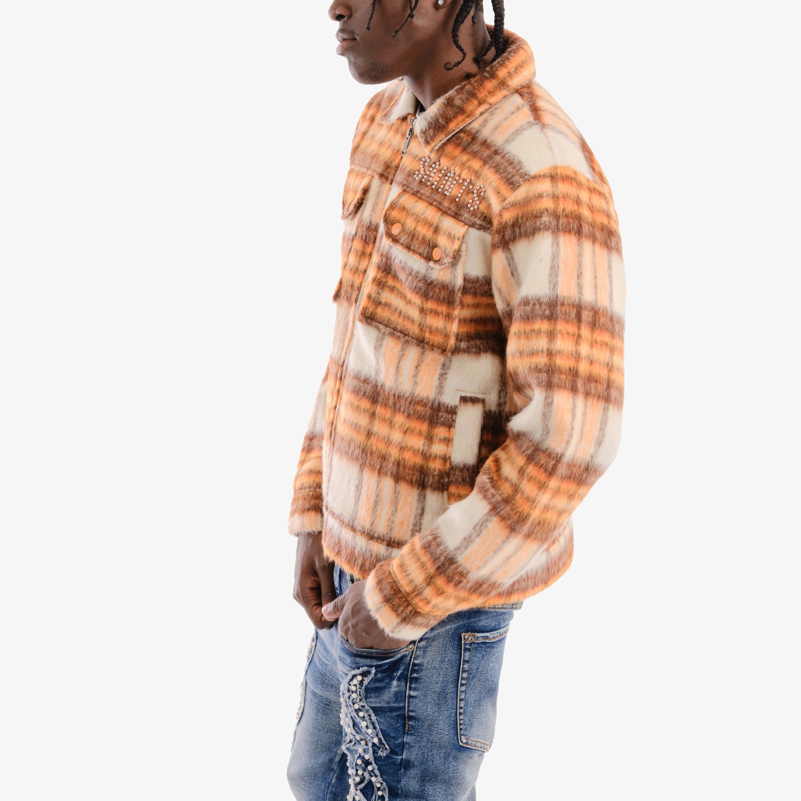 MENS COPPER RIVET BRUSHED FLANNEL JACKET WITH PEARL EMBROIDERY (ORANGE)