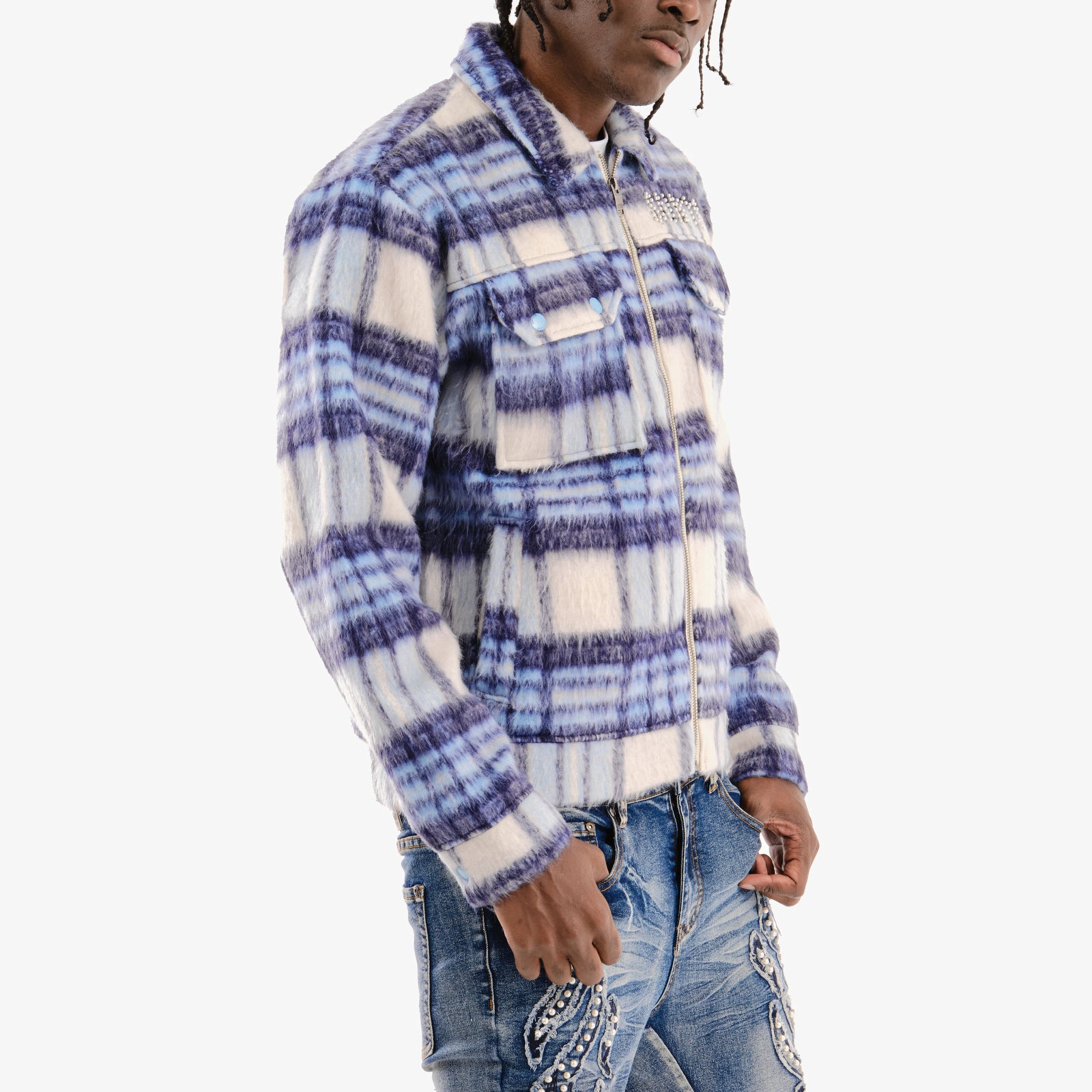 MENS COPPER RIVET BRUSHED FLANNEL JACKET WITH PEARL EMBROIDERY (BLUE)