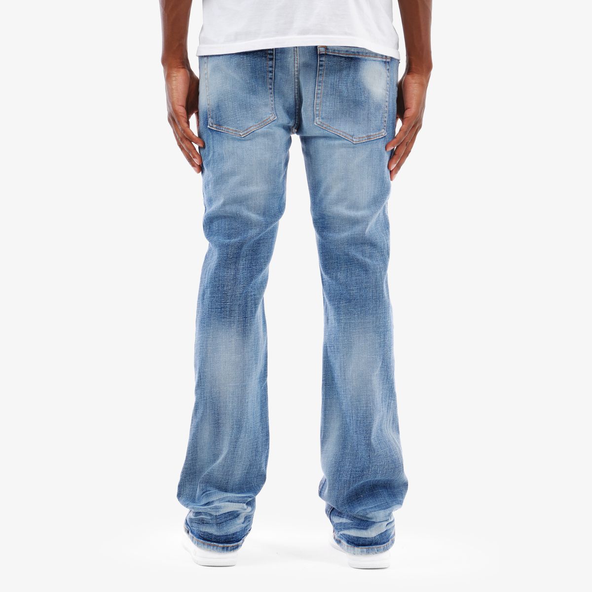 MENS COPPER RIVET CROSS HATCH FLARE FIT JEAN (LIGHT SAND BLUE)