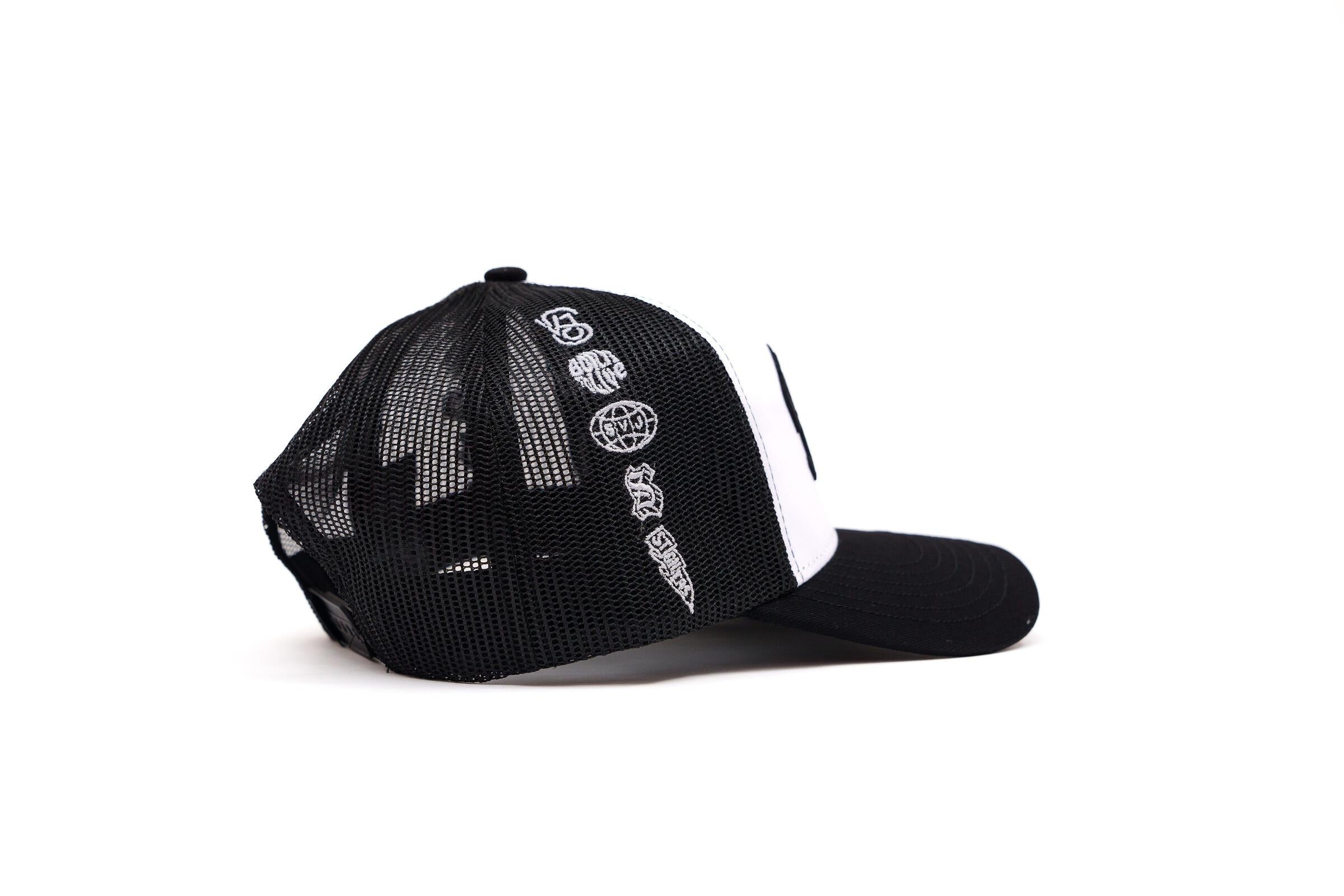 MENS STONERS VINTAGE JEANS Co. VARSITY ICONS TRUCKER HAT (WHITE/BLACK)